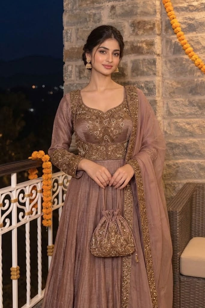 Rose Gold Embellished Tissue Silk Anarkali Set