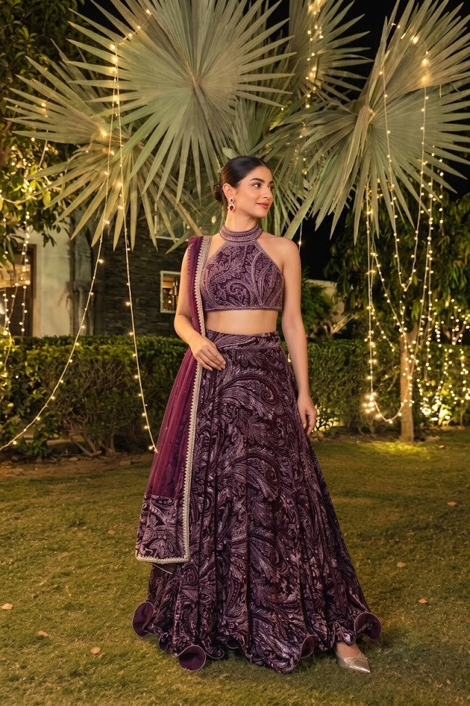 Deep Wine Embellished Velvet Silk Lehenga Set