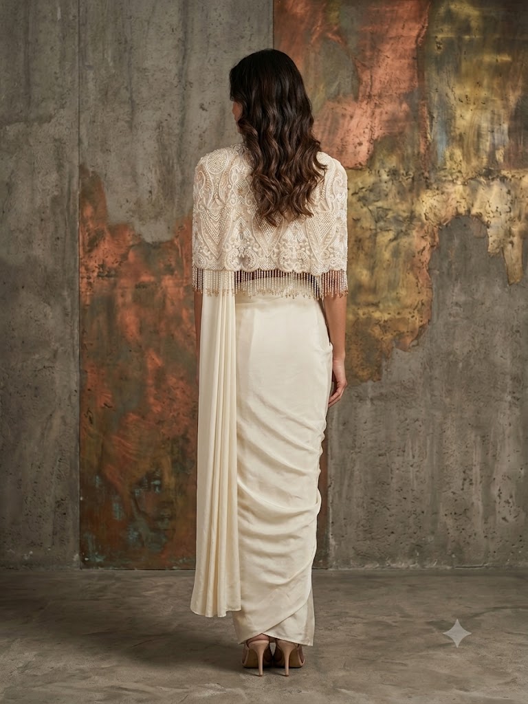 Ivory Embellished Soft Georgette Pre-Draped Saree