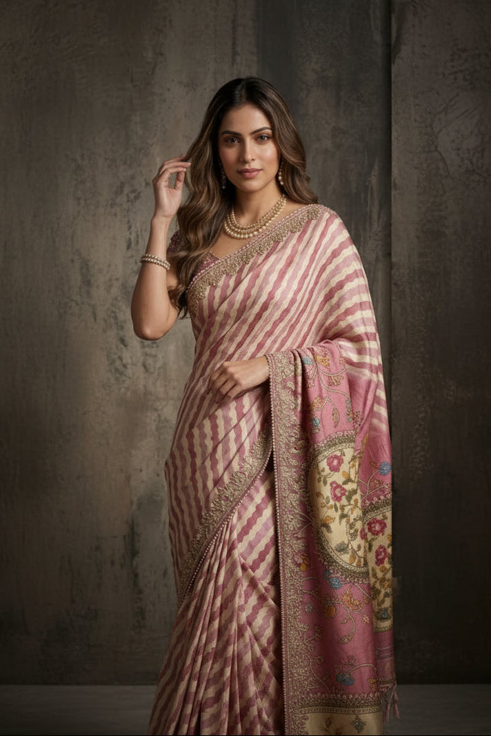 Pink Leheriya Embroidered Dola Silk Saree