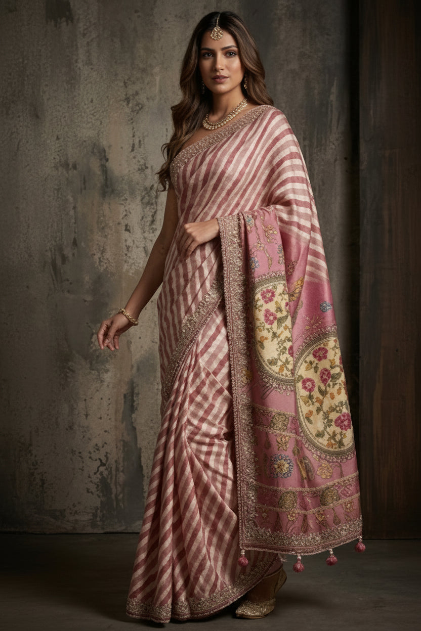 Pink Leheriya Embroidered Dola Silk Saree