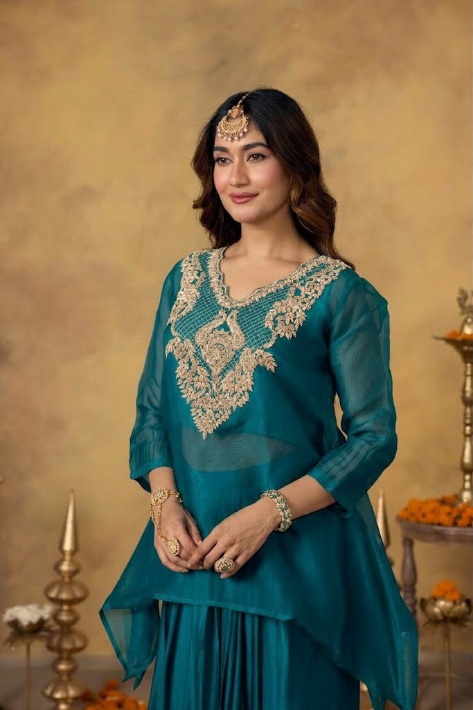 Pine Green Embellished Satin Silk Skirt Set