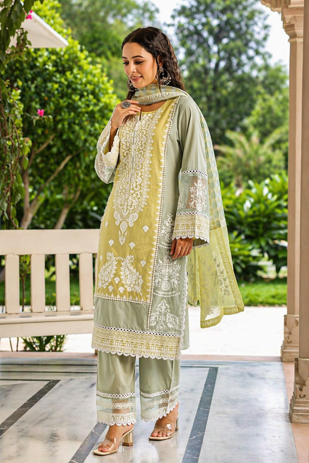 Sage Citron Embroidered Mul Cotton Pant Set