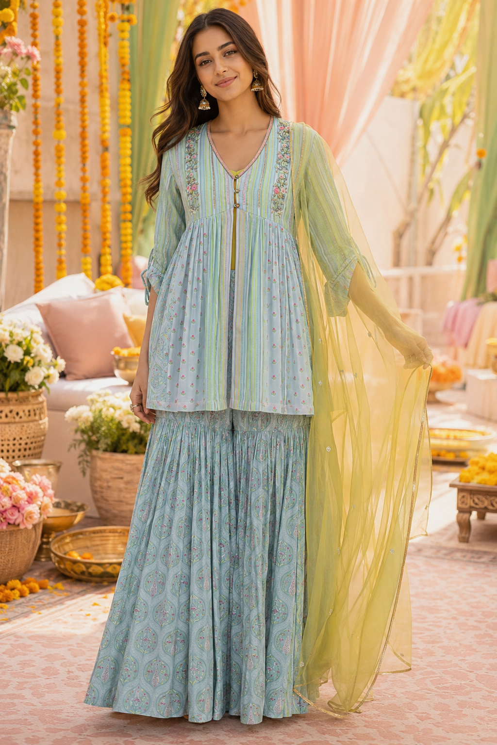 Powder Blue Printed Chanderi Silk Sharara Set