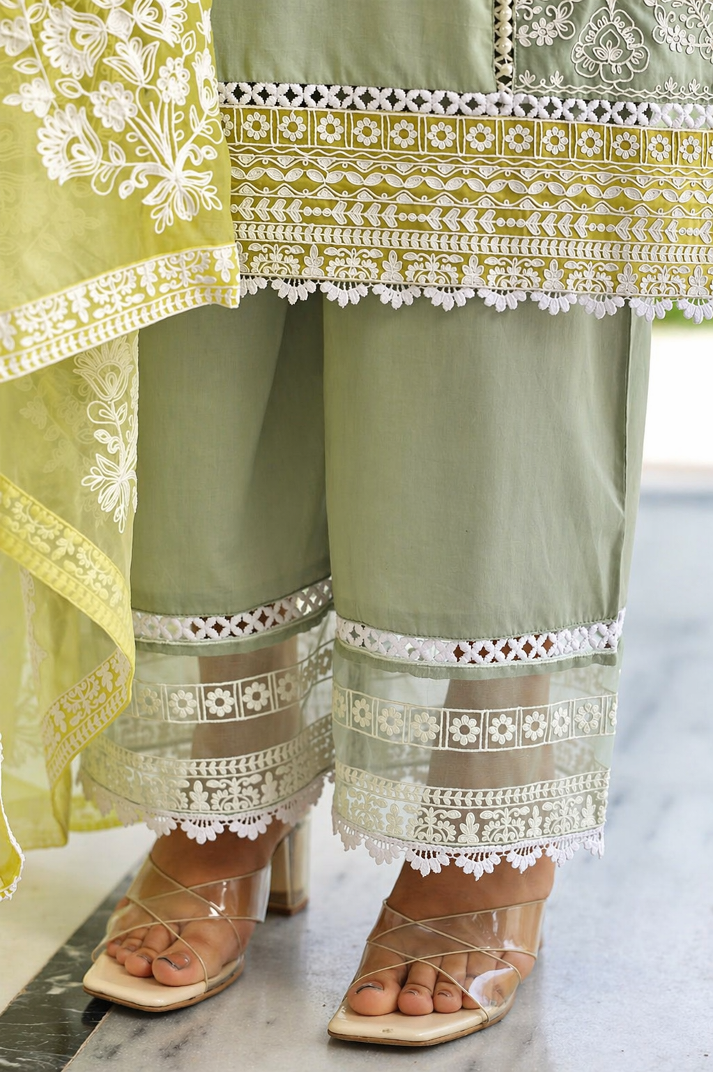 Sage Citron Embroidered Mul Cotton Pant Set