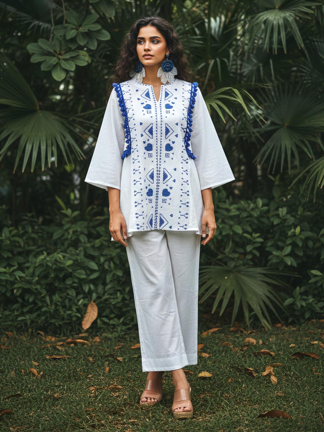White & Blue Geometric Embroidered Cotton Co-Ord Set
