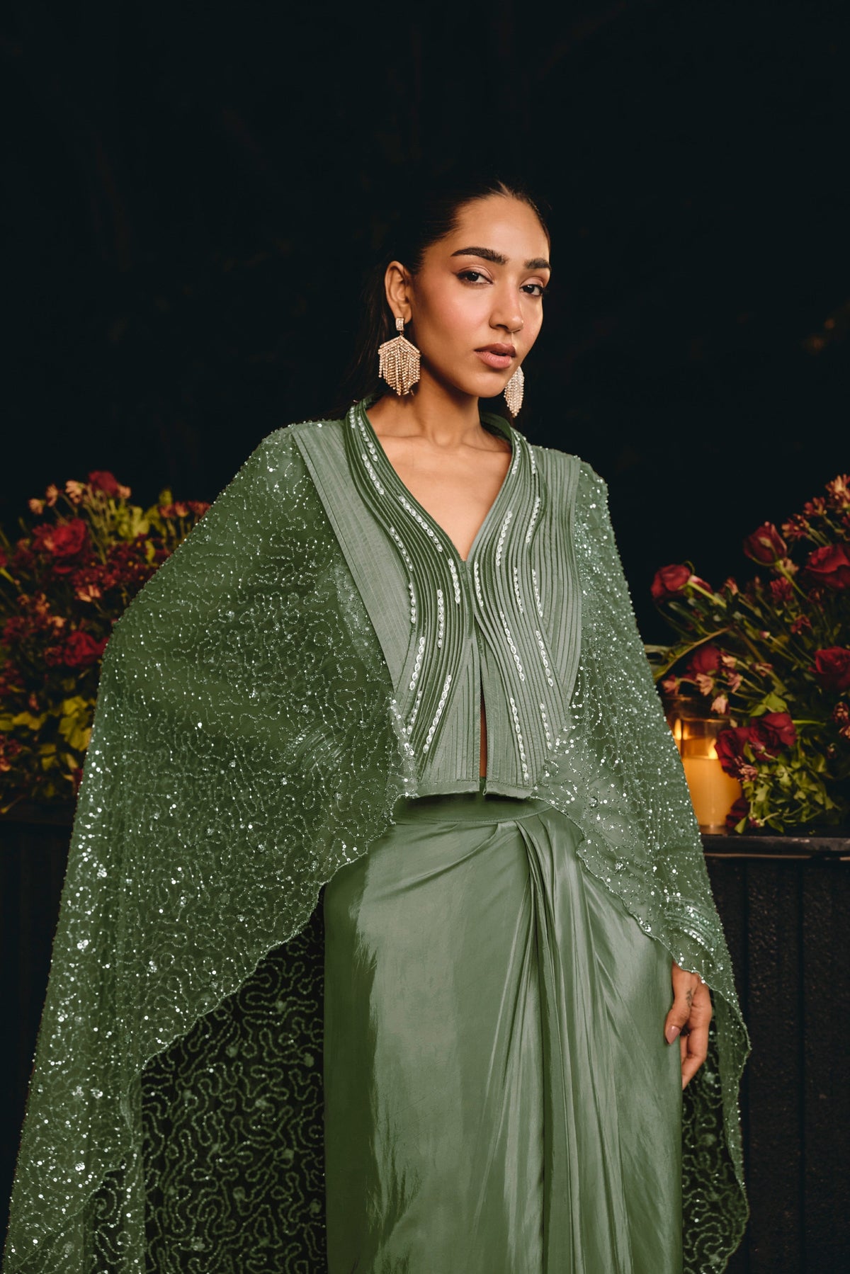 Sage Green Embellished Premium Net Kaftan Set
