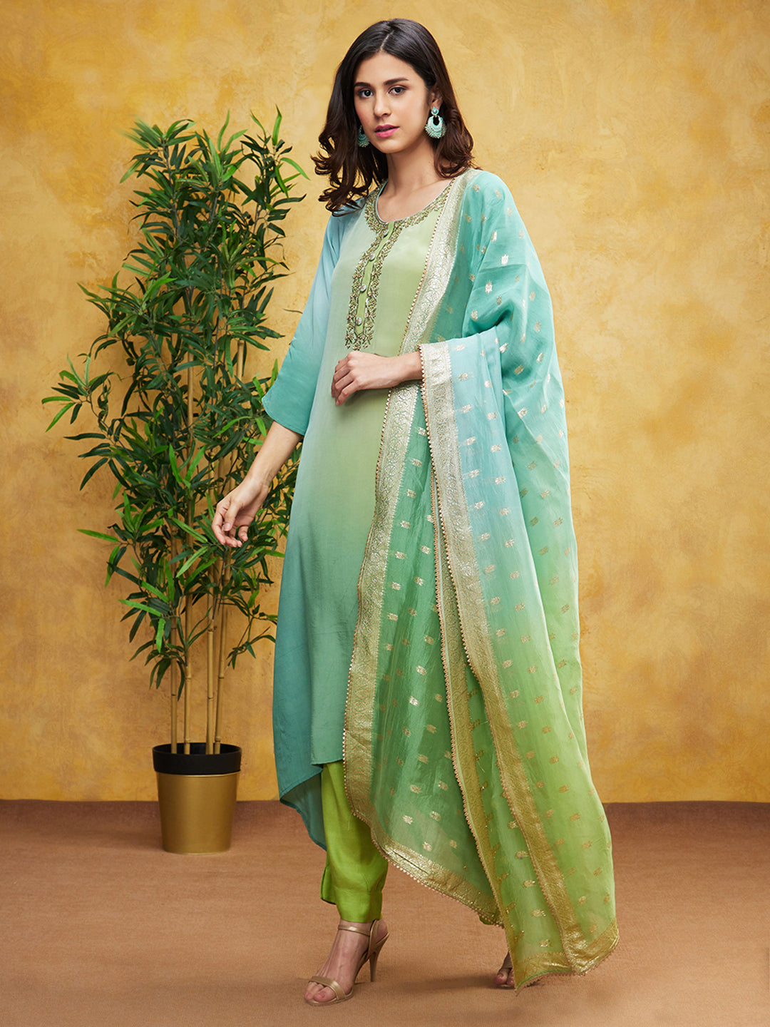 Light Turquoise Ombre-Dyed Spanish Silk Pants Set