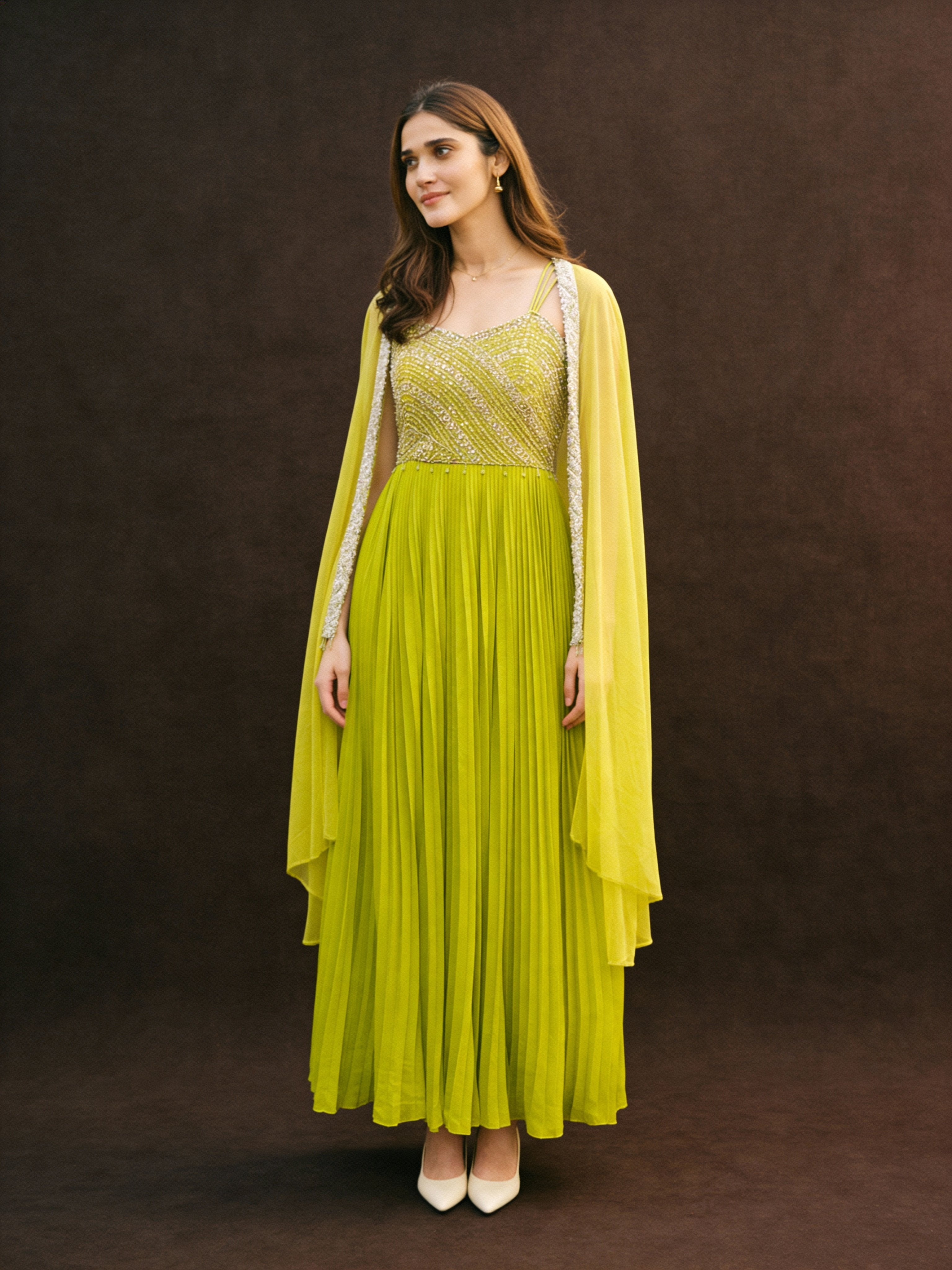 Chartreuse Green Embellished Georgette Silk Gown