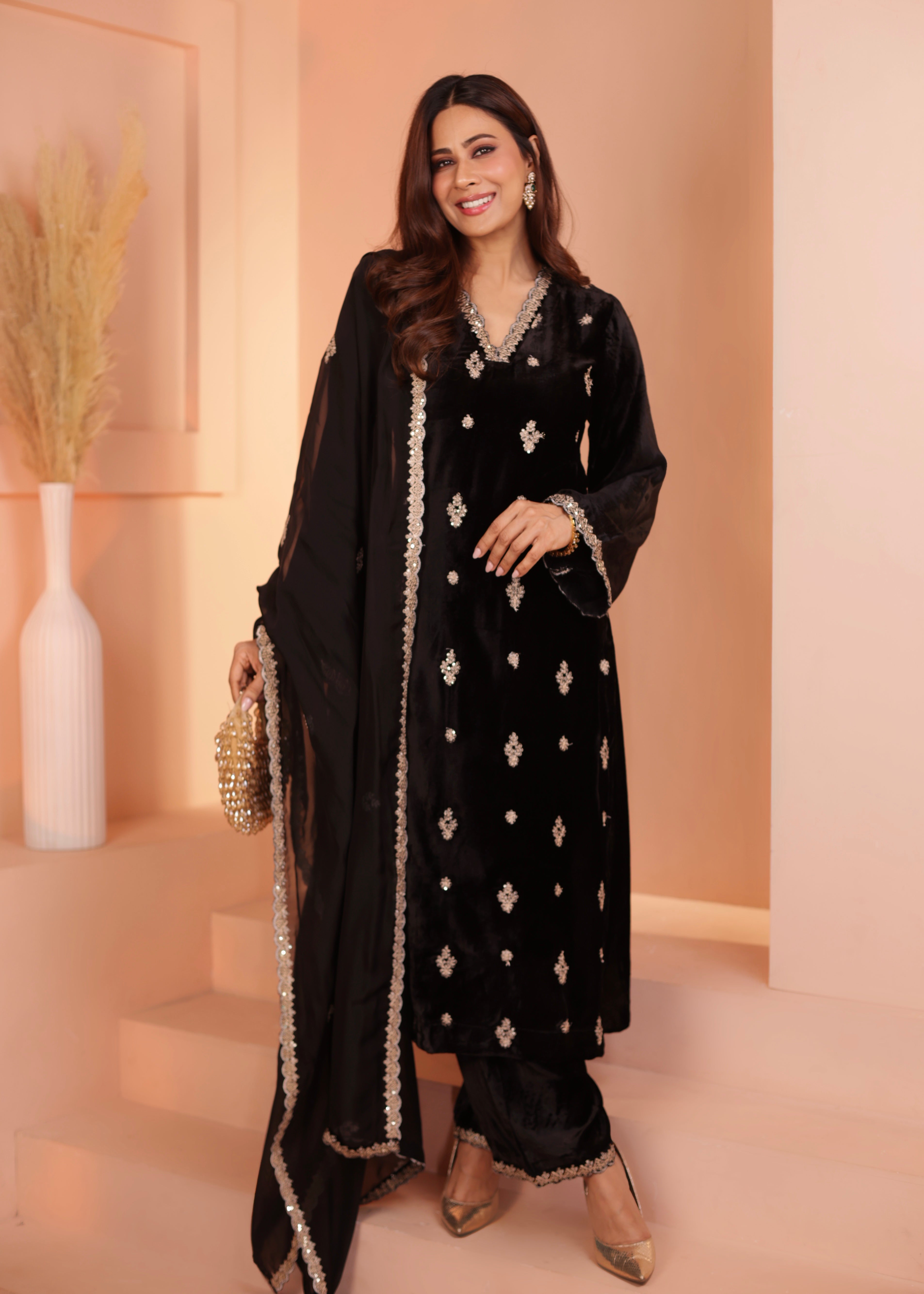 Classic Black Embellished Premium Velvet Pant Set