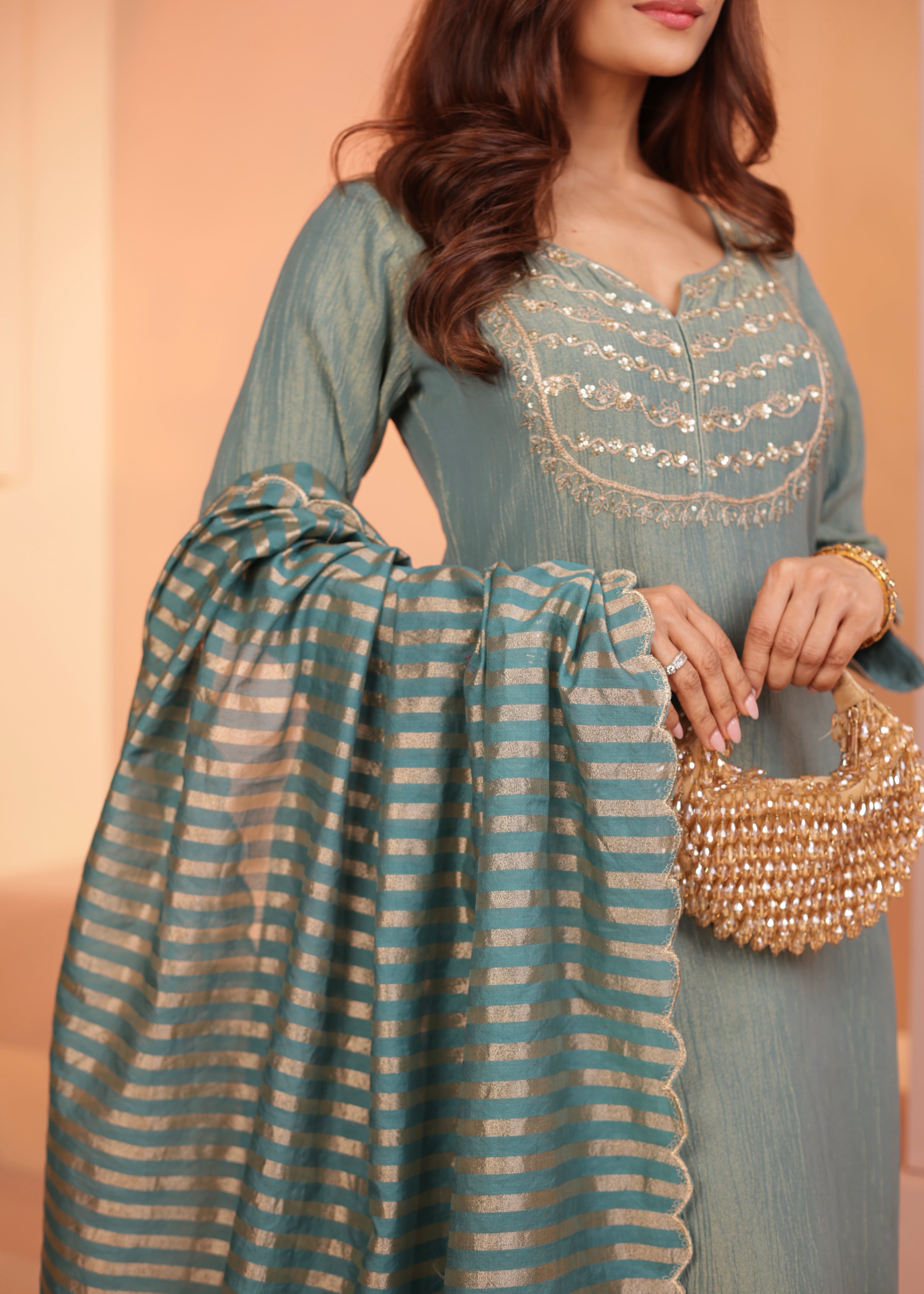 Dusty Blue Embroidered Crushed Tissue Silk Pant Set