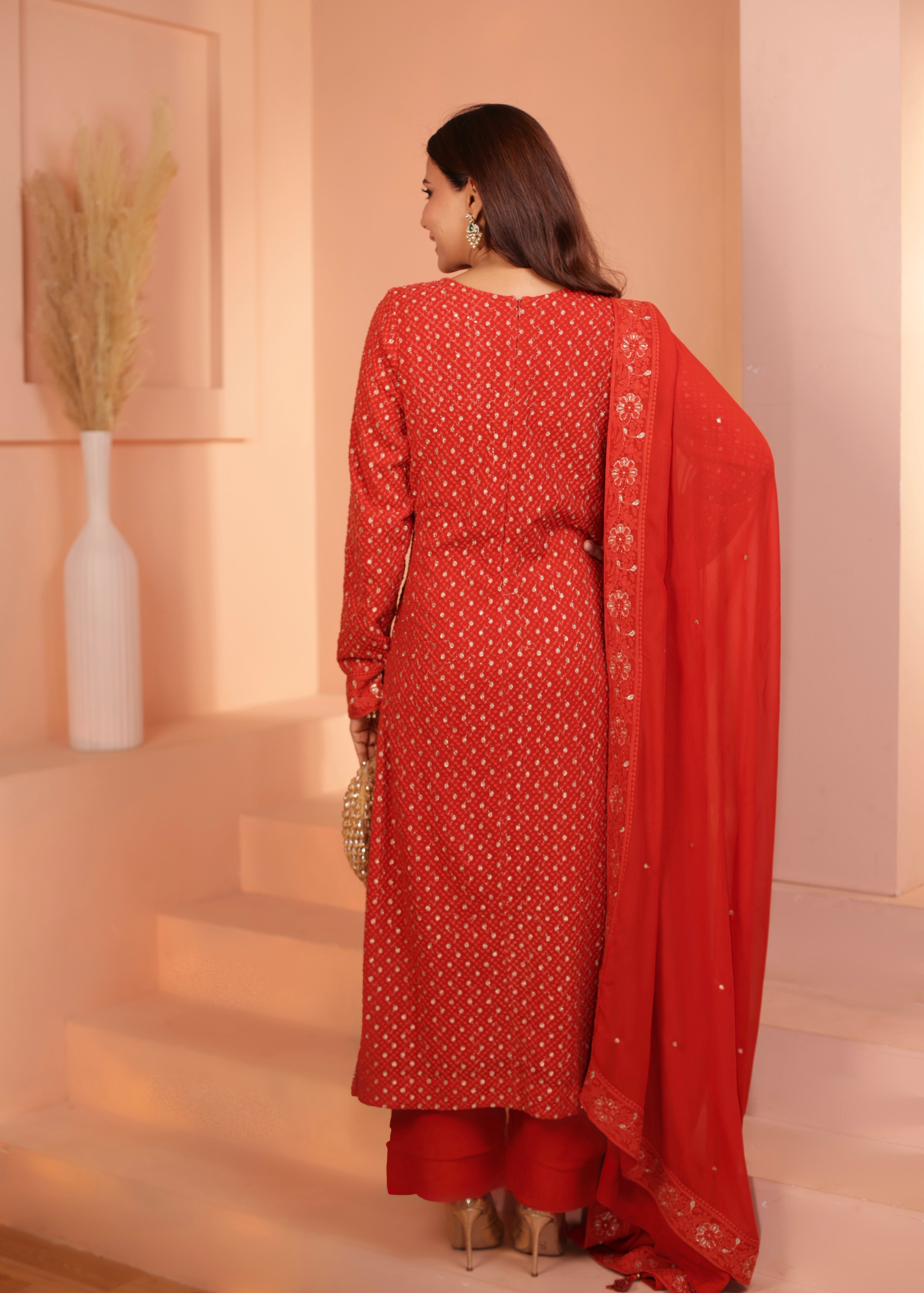 Bright Red Embellished Georgette Silk Pant Set