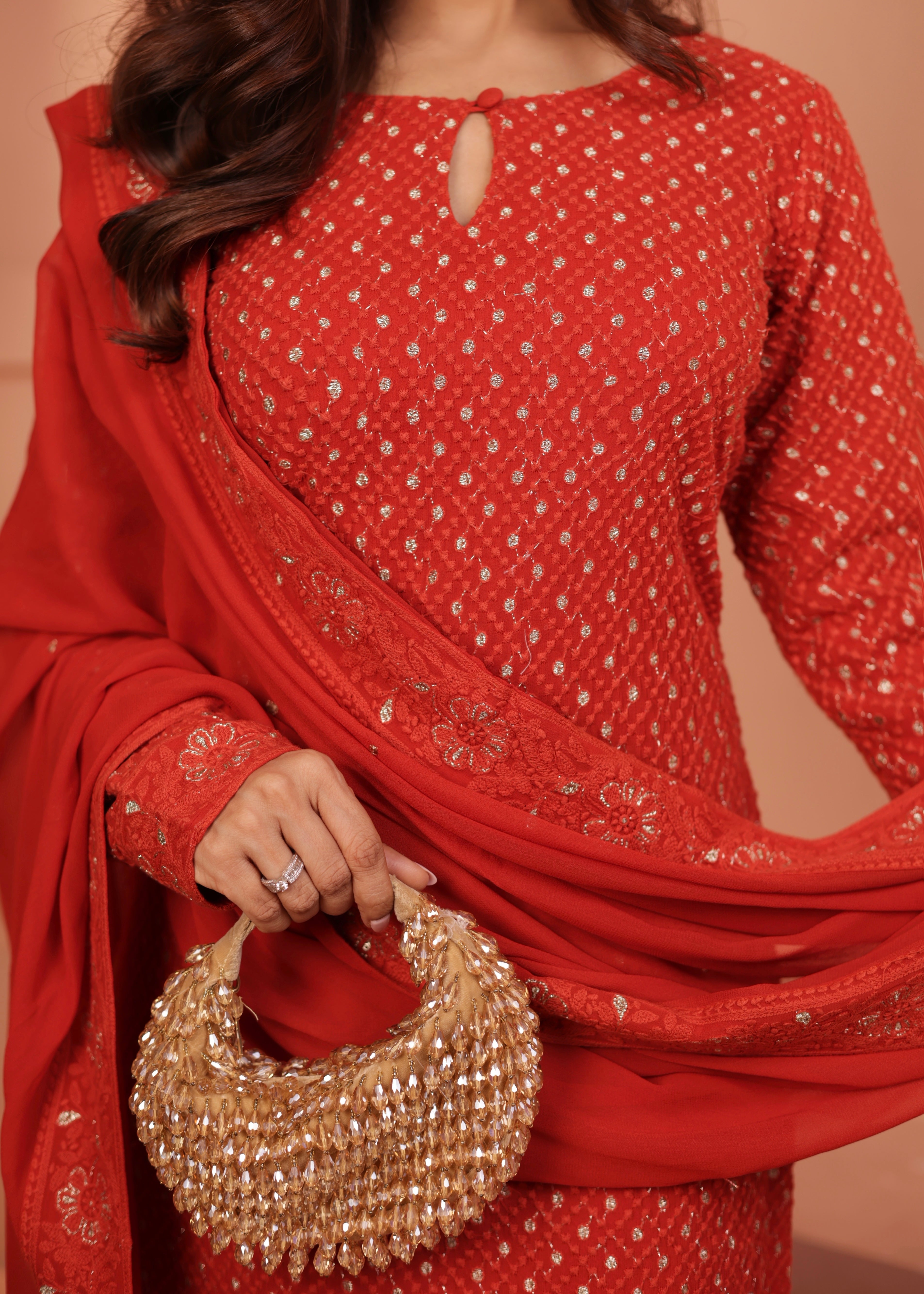 Bright Red Embellished Georgette Silk Pant Set