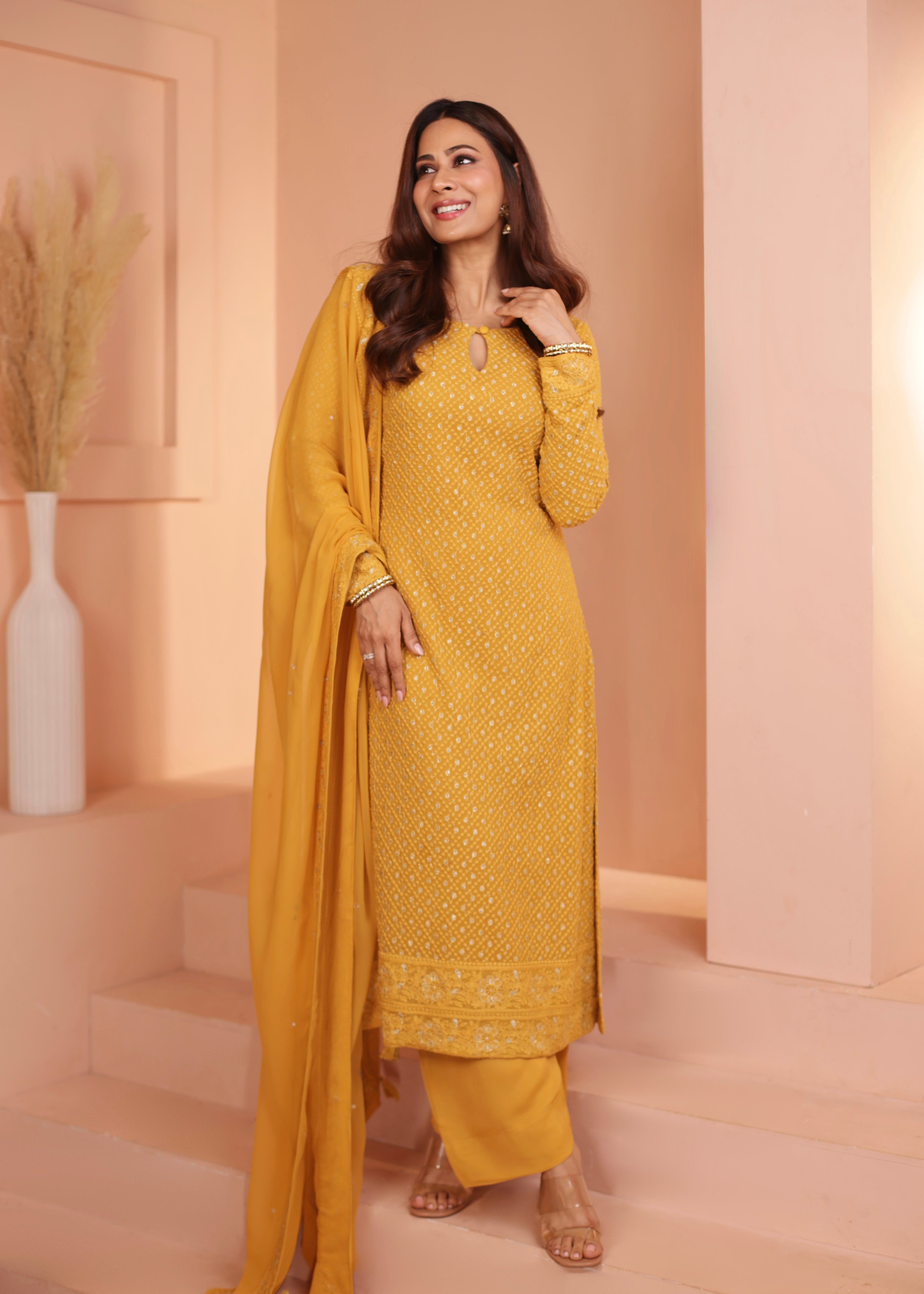 Bright Yellow Embellished Georgette Silk Pant Set