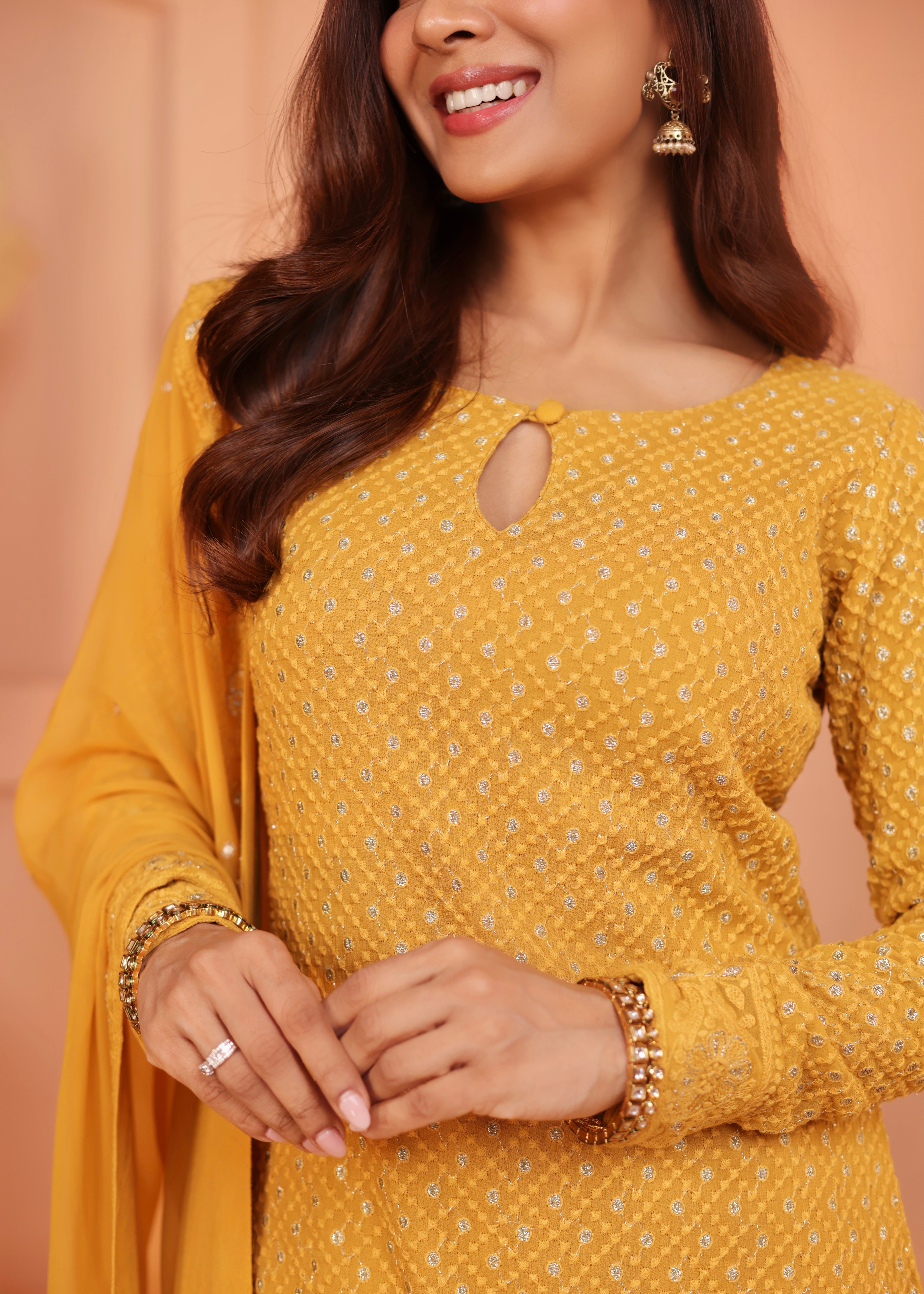 Bright Yellow Embellished Georgette Silk Pant Set