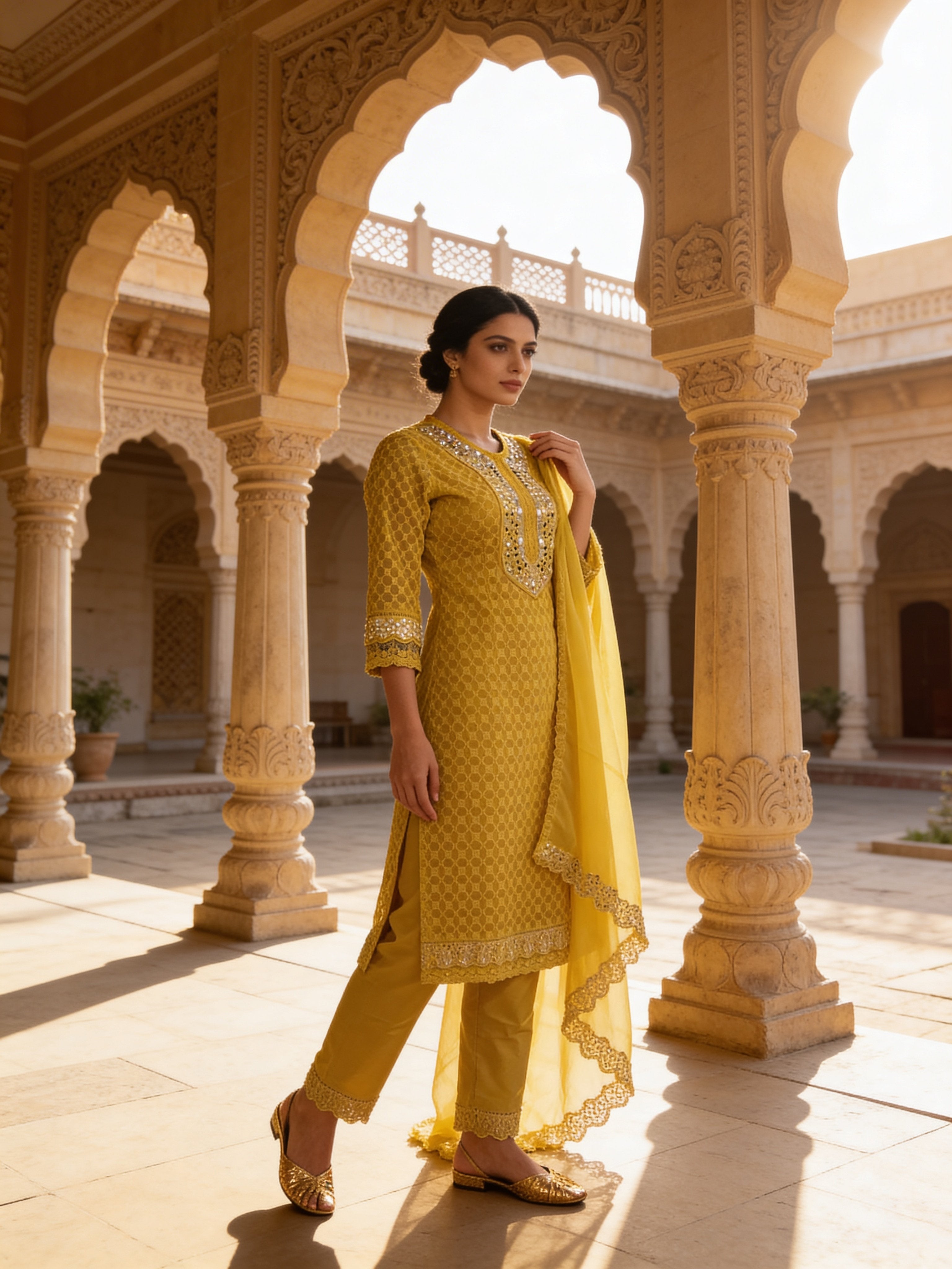 Lime Green Embroidered Georgette Silk Pant Set