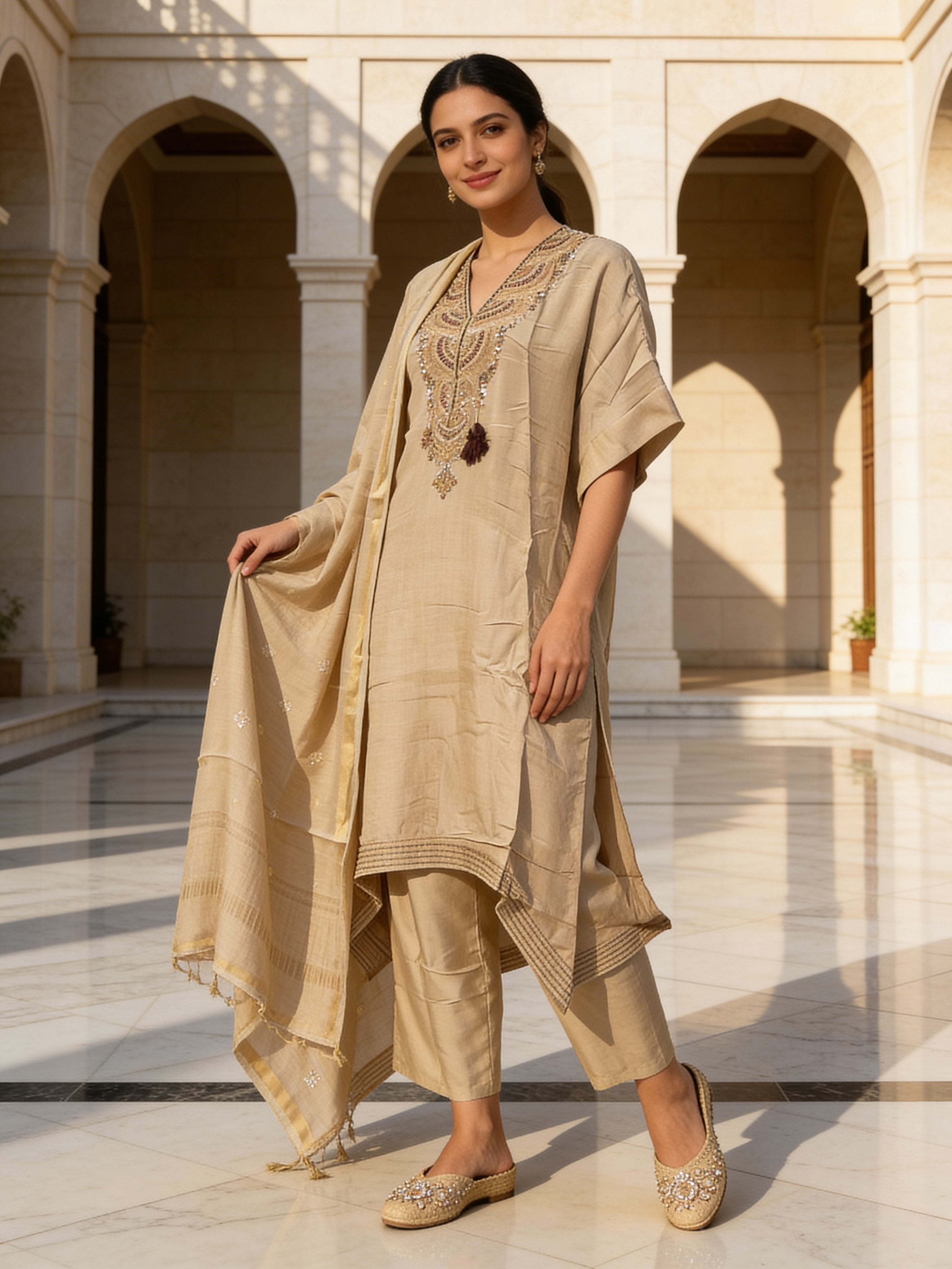 Champagne Embellished Raw Silk Pant Set