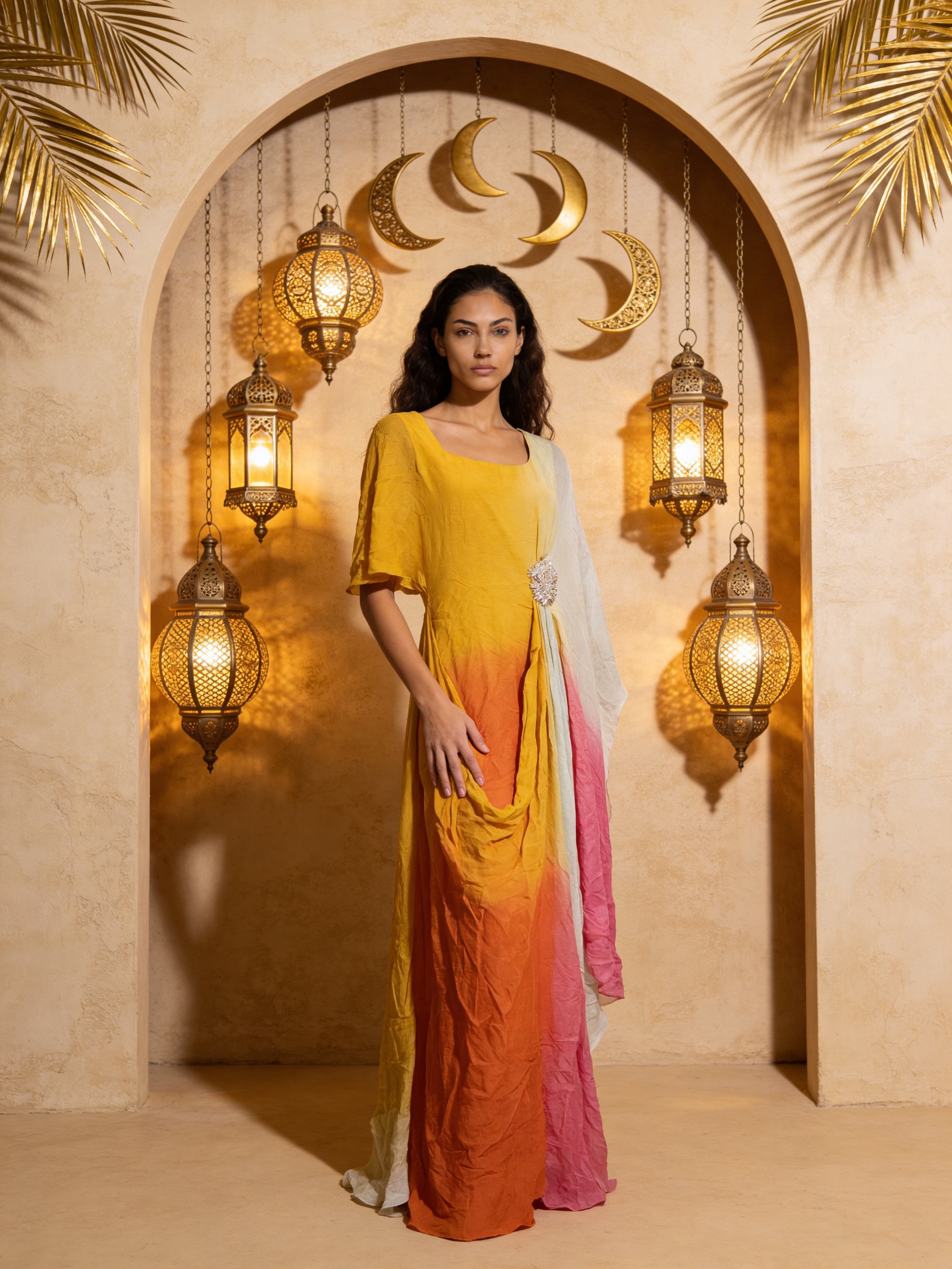 Multicolored Embellished Georgette Silk Asymmetrical Dress