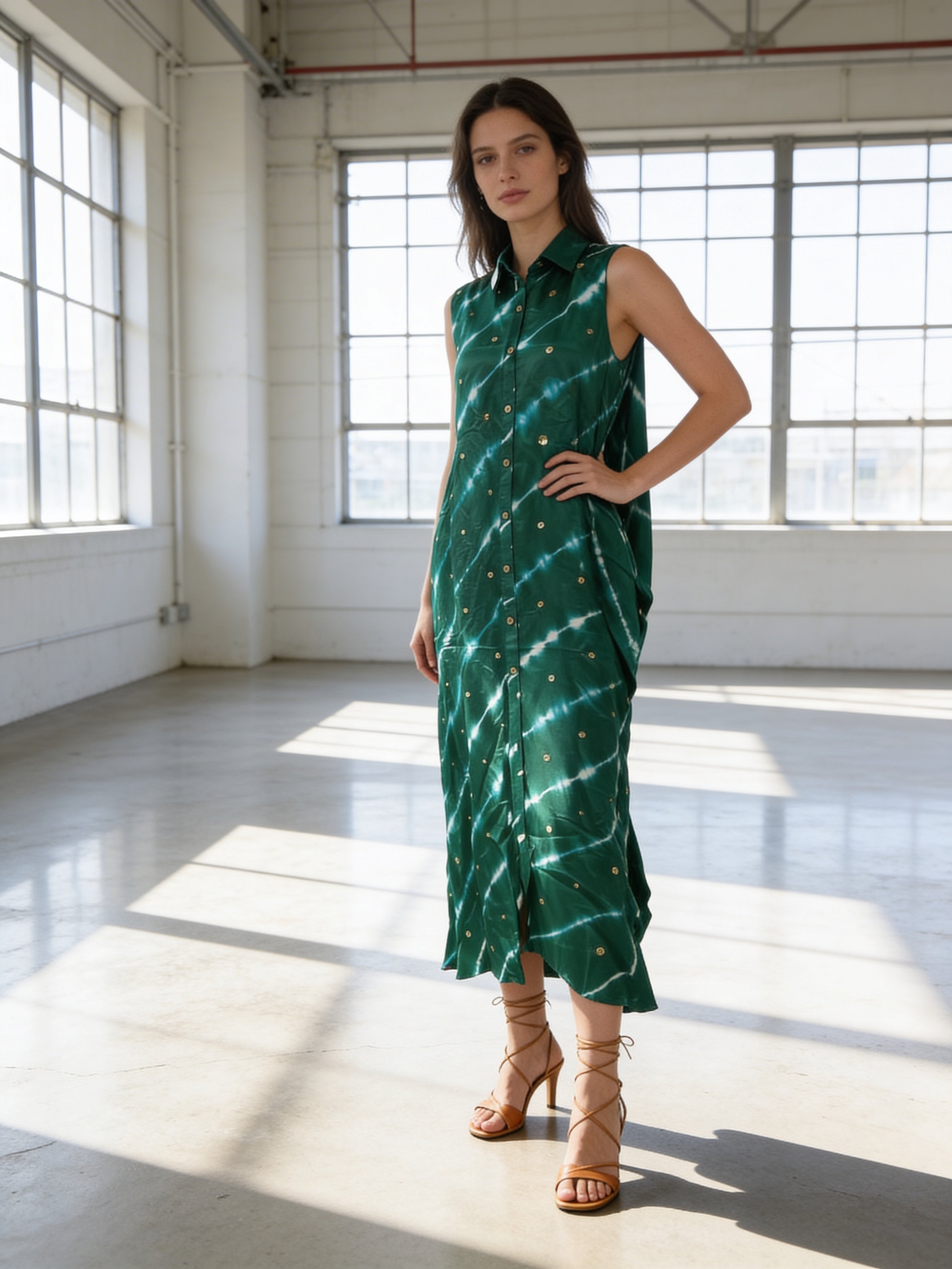 Green Printed Premium Silk Dress