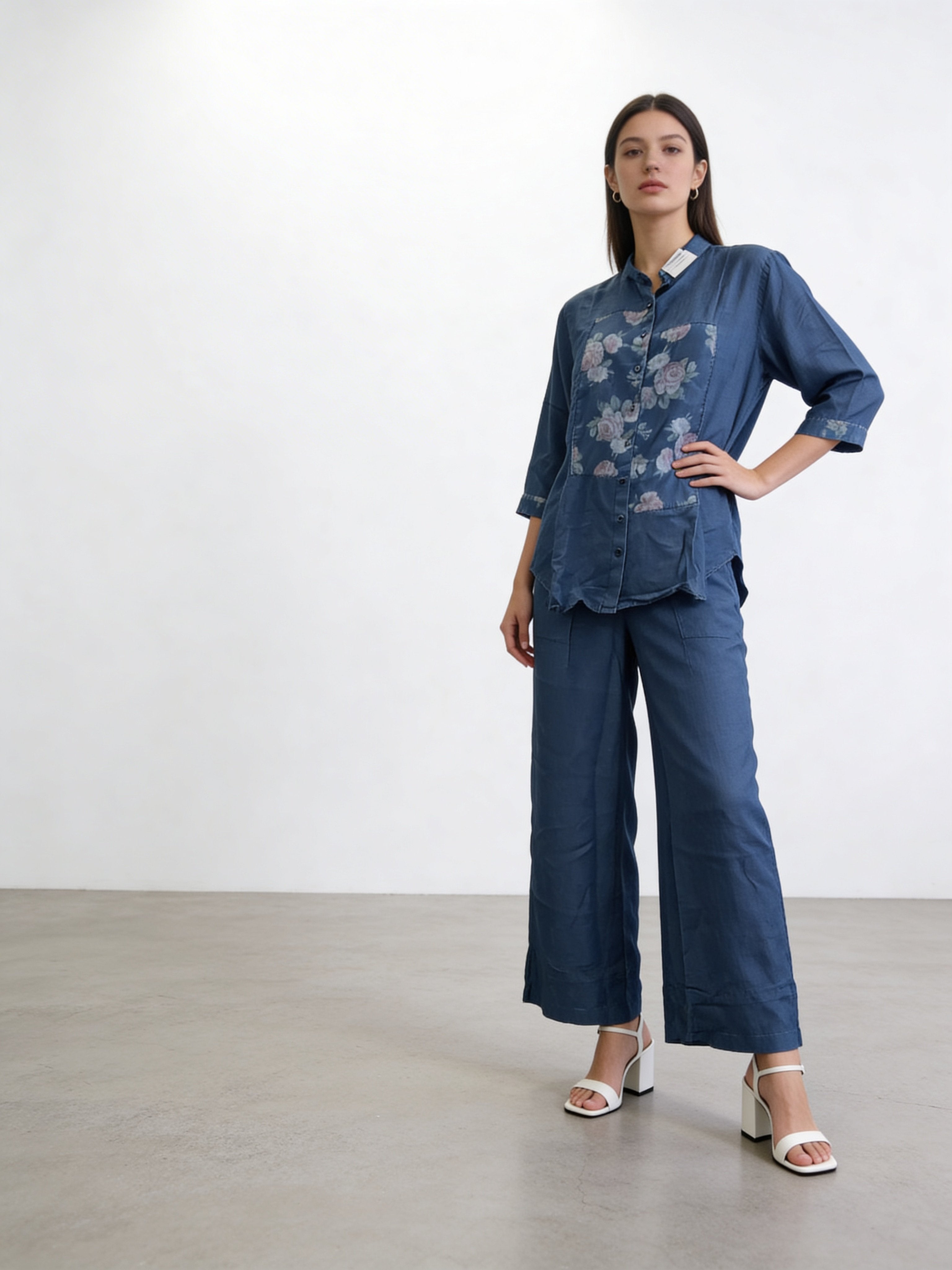 Denim Blue Printed Raw Silk Co-Ord Set