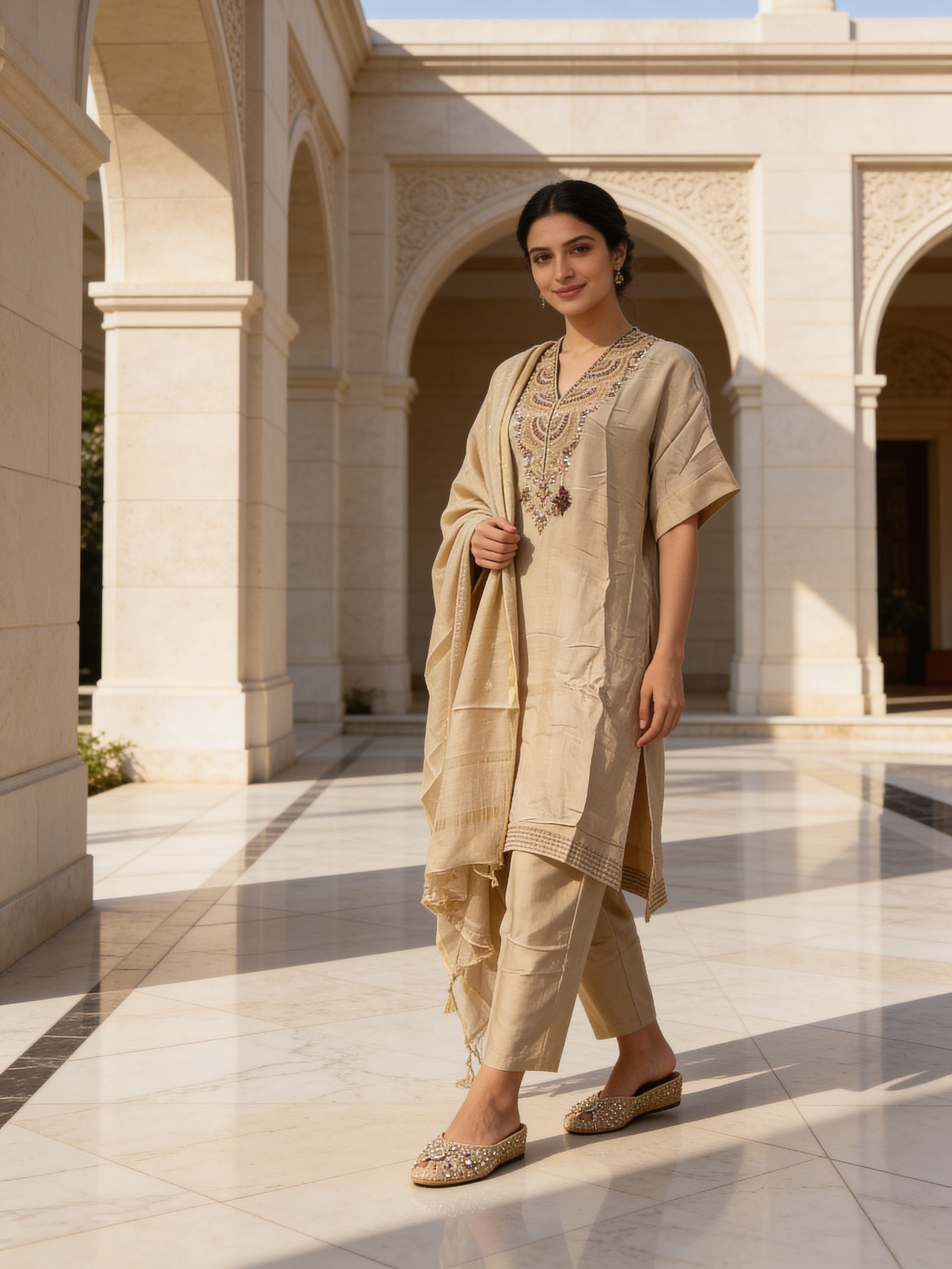 Champagne Embellished Raw Silk Pant Set