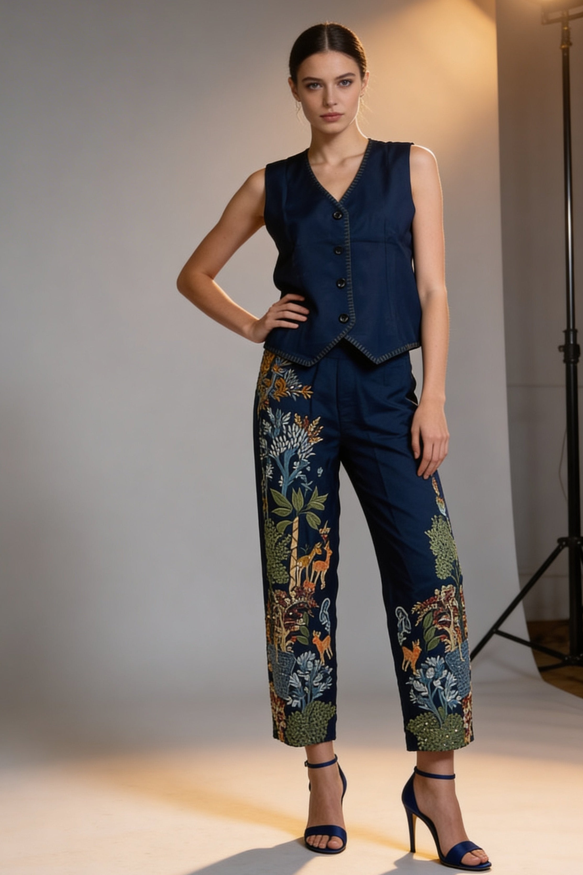 Classic Blue Embroidered Raw Silk Co-Ord Set