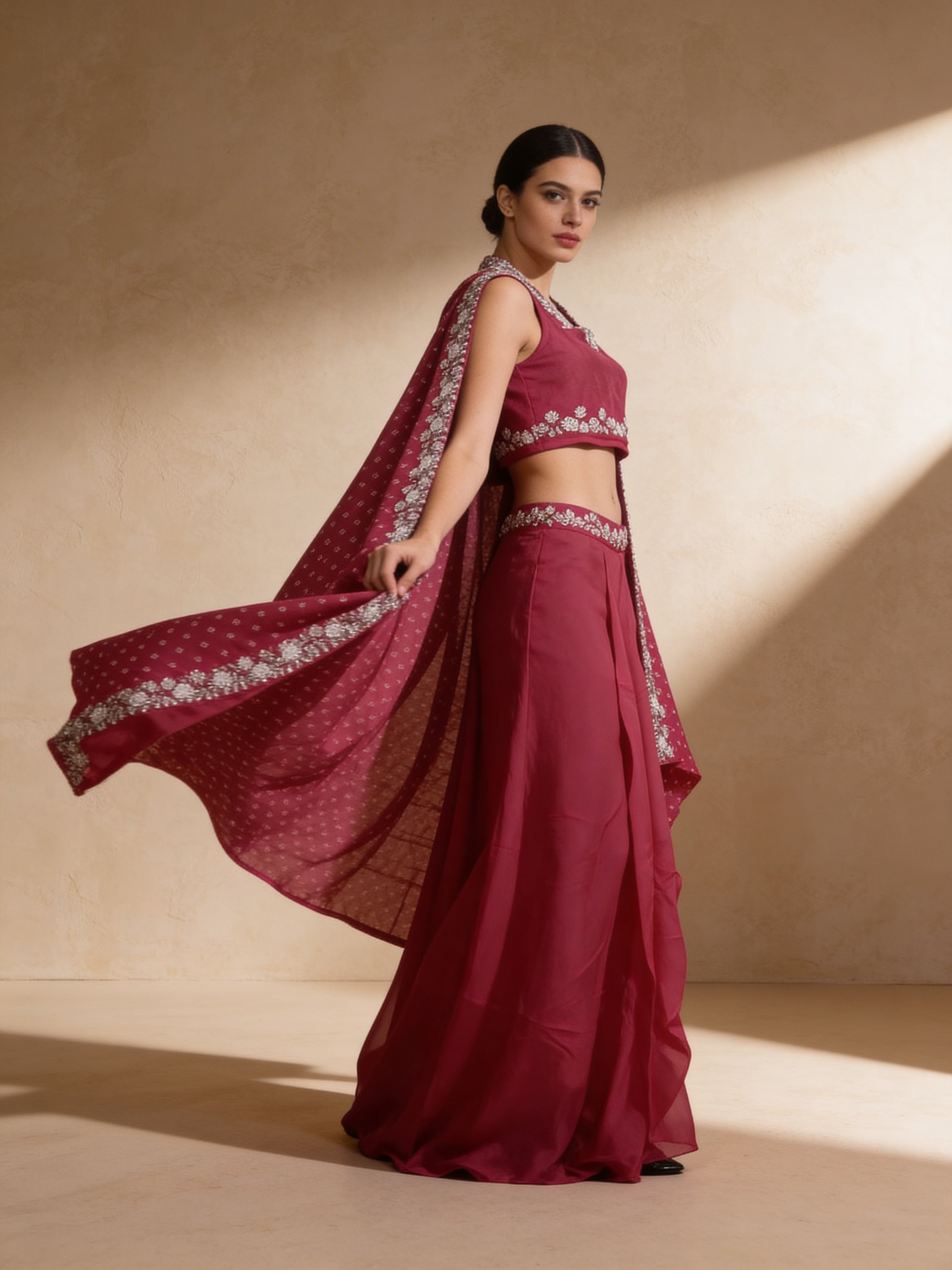 Rani Pink Embellished Georgette Silk Skirt Set