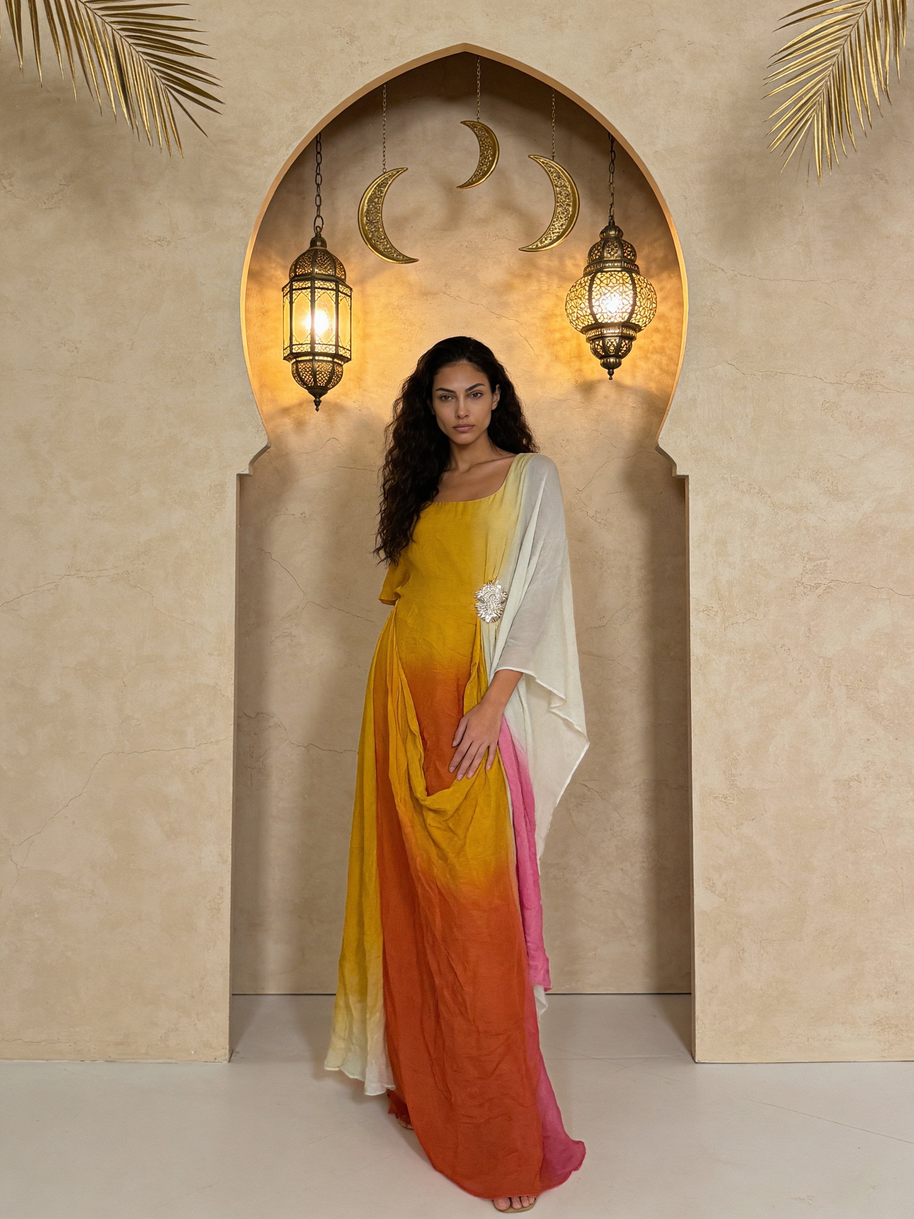 Multicolored Embellished Georgette Silk Asymmetrical Dress