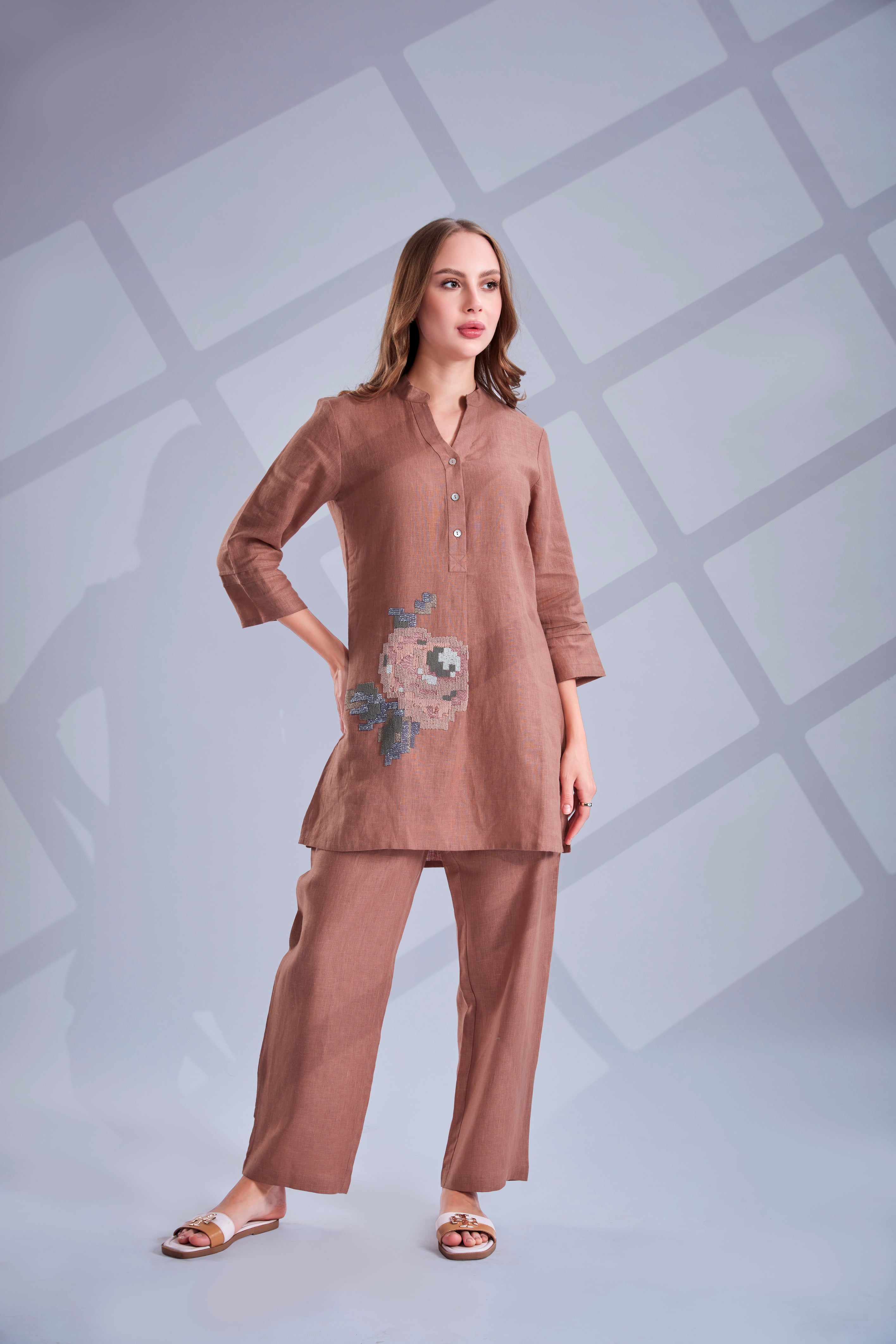 Cocoa Bloom Embellished Linen Co-Ord Set