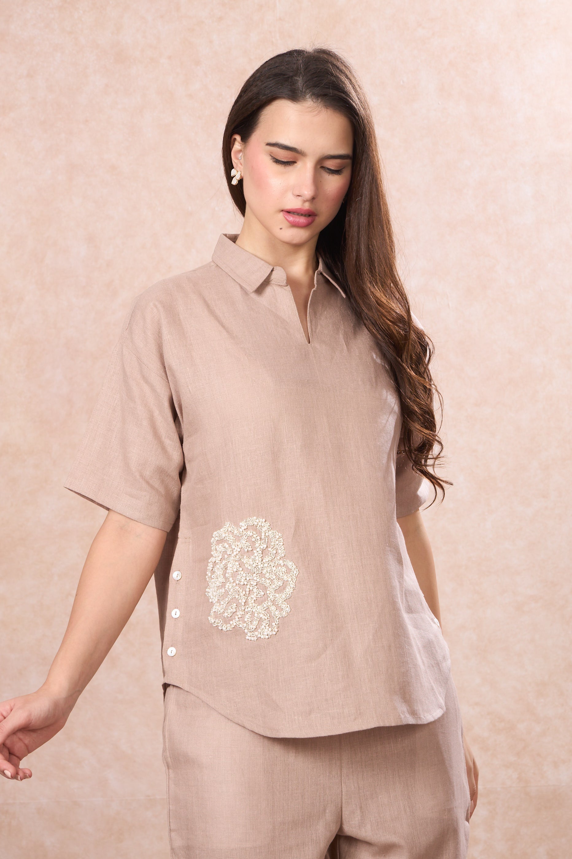 Sunkissed Taupe Embellished Linen Co-Ord Set