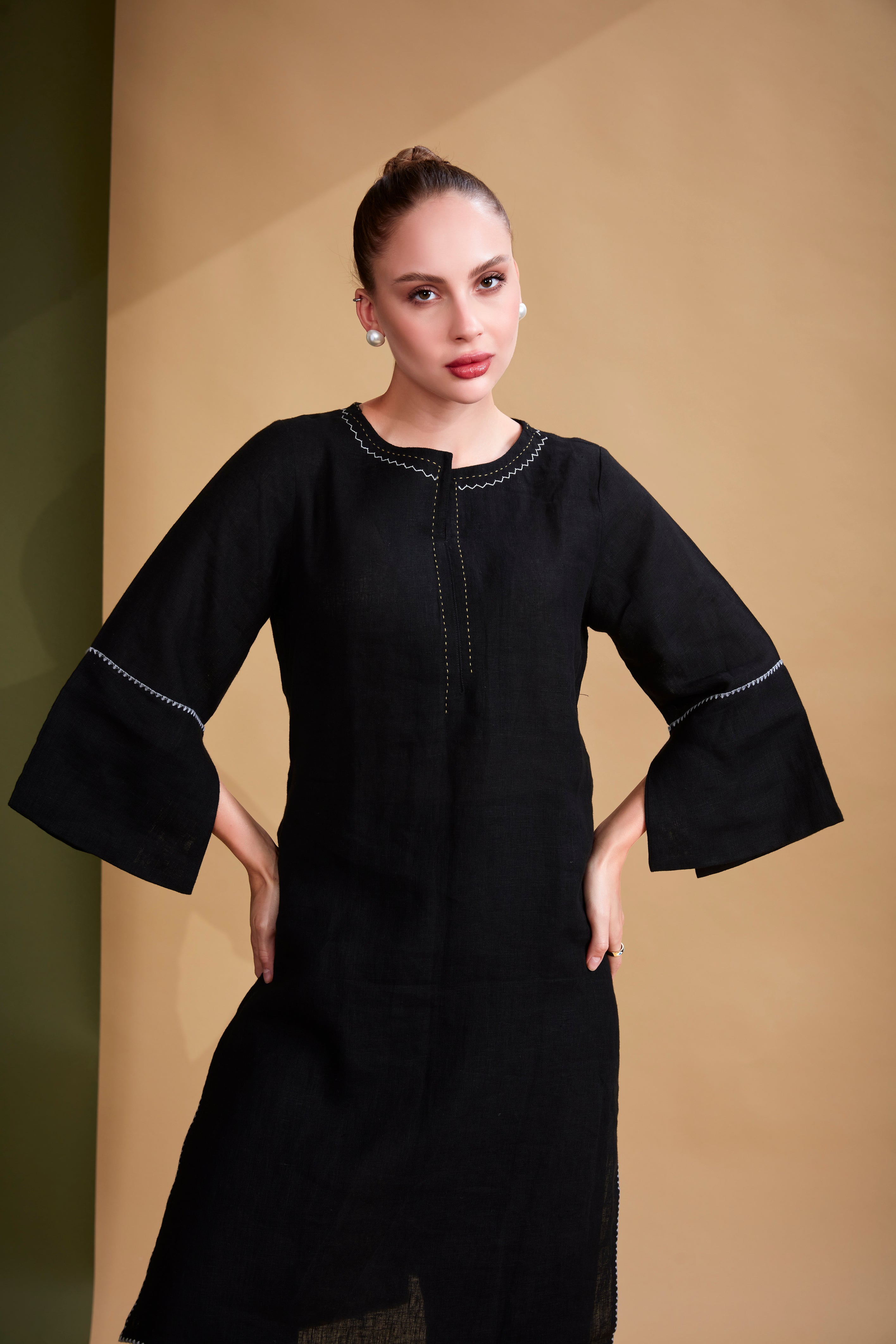 Black Minimalist Embroidered Linen Co-Ord Set
