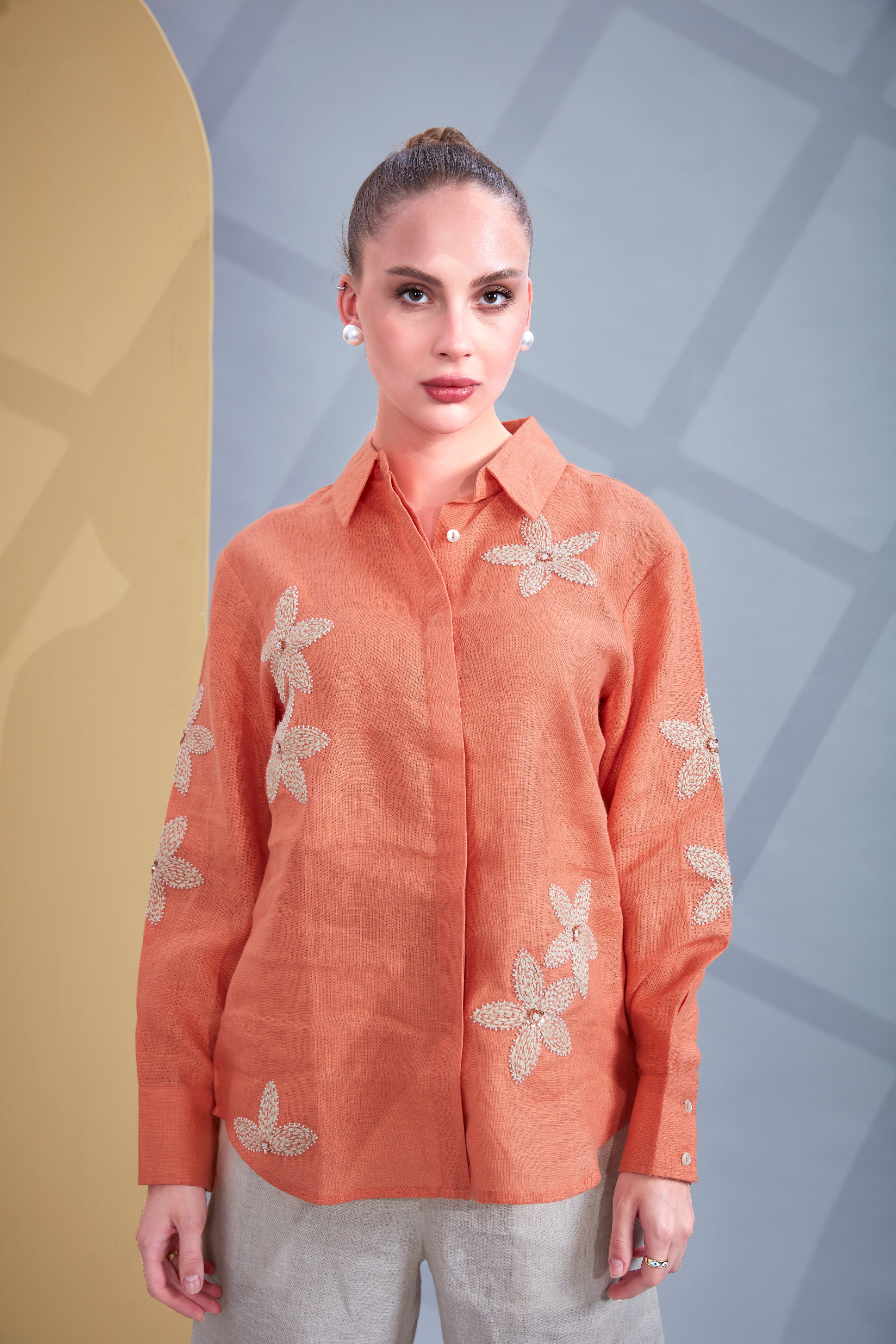 Coral Glow Embroidered Linen Co-Ord Set