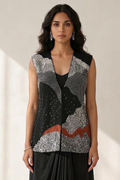 Deep Black Embellished Crepe Satin Silk Skirt Set