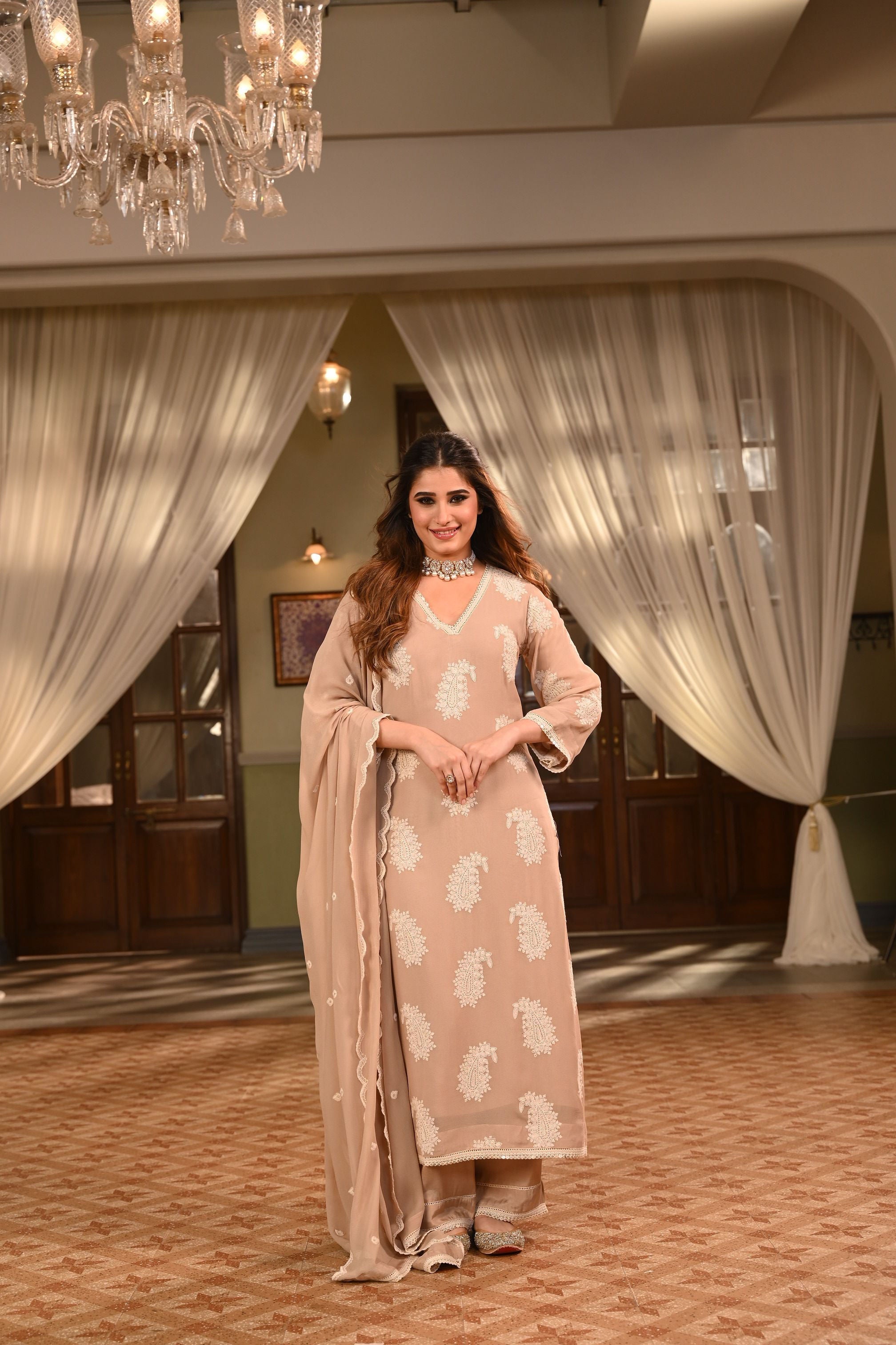 Warm Beige Chikankari Georgette Silk Pant Set