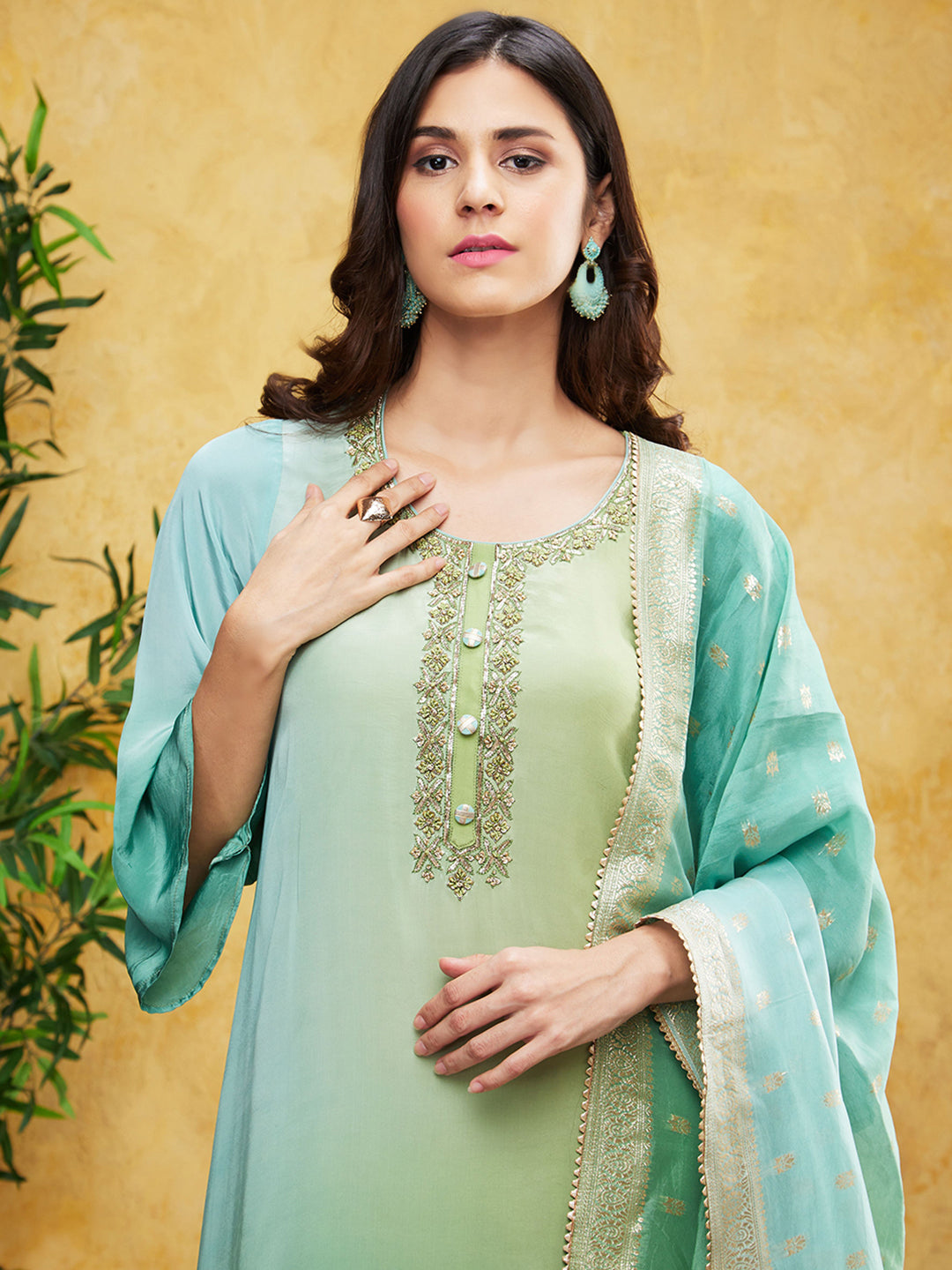Light Turquoise Ombre-Dyed Spanish Silk Pants Set