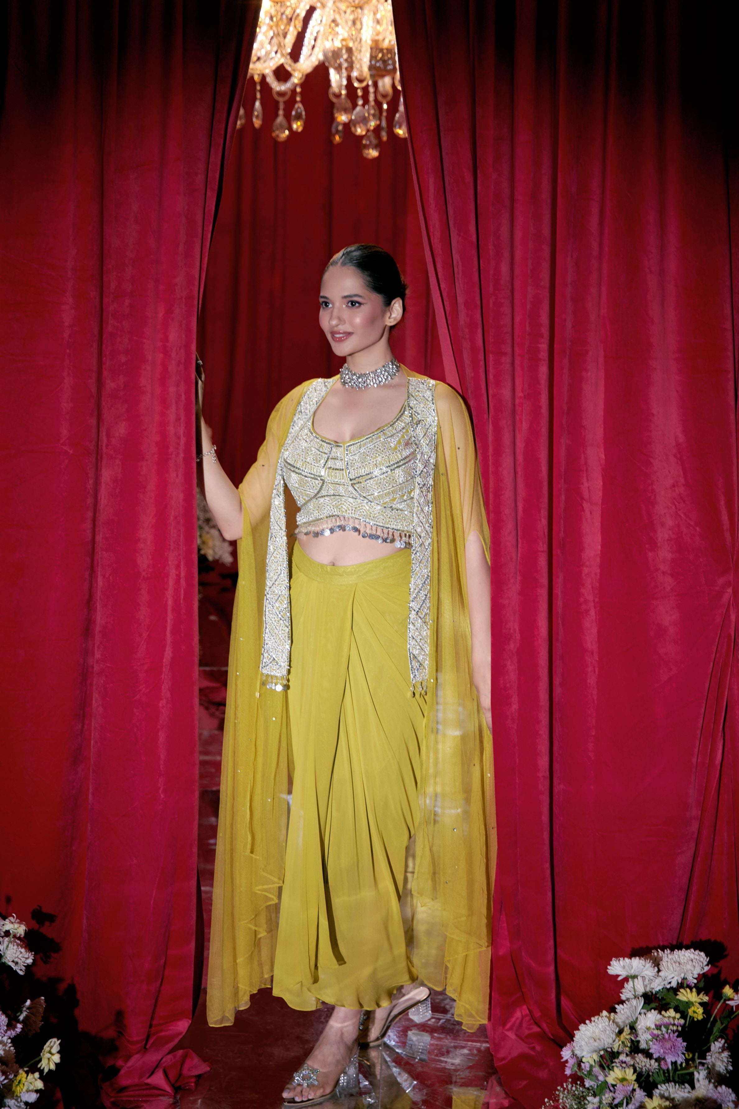 Neon Yellow Embellished Cape Set