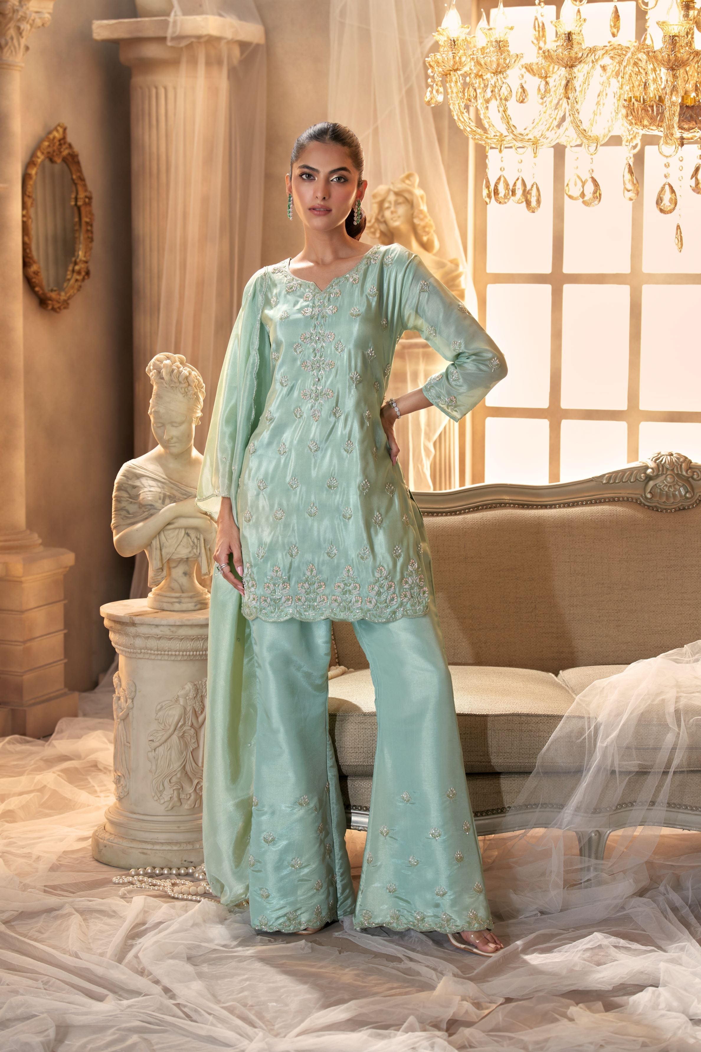 Pastel Green Embellished Pants Set