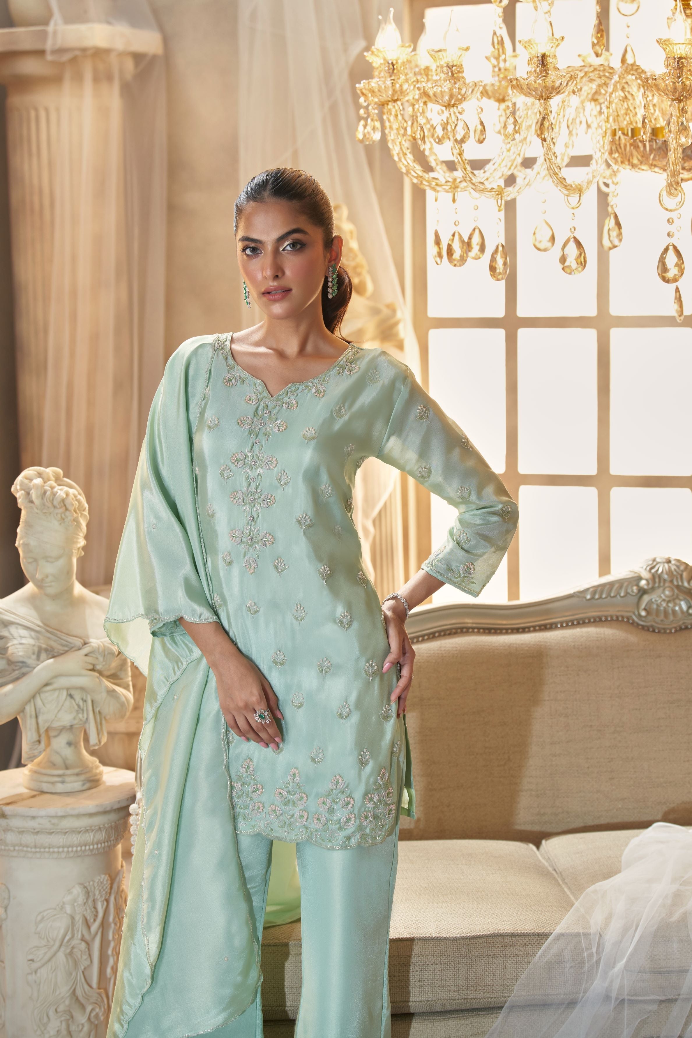 Pastel Green Embellished Pants Set