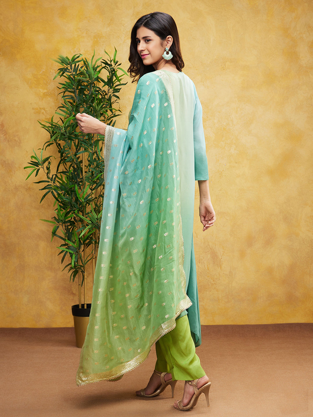 Light Turquoise Ombre-Dyed Spanish Silk Pants Set