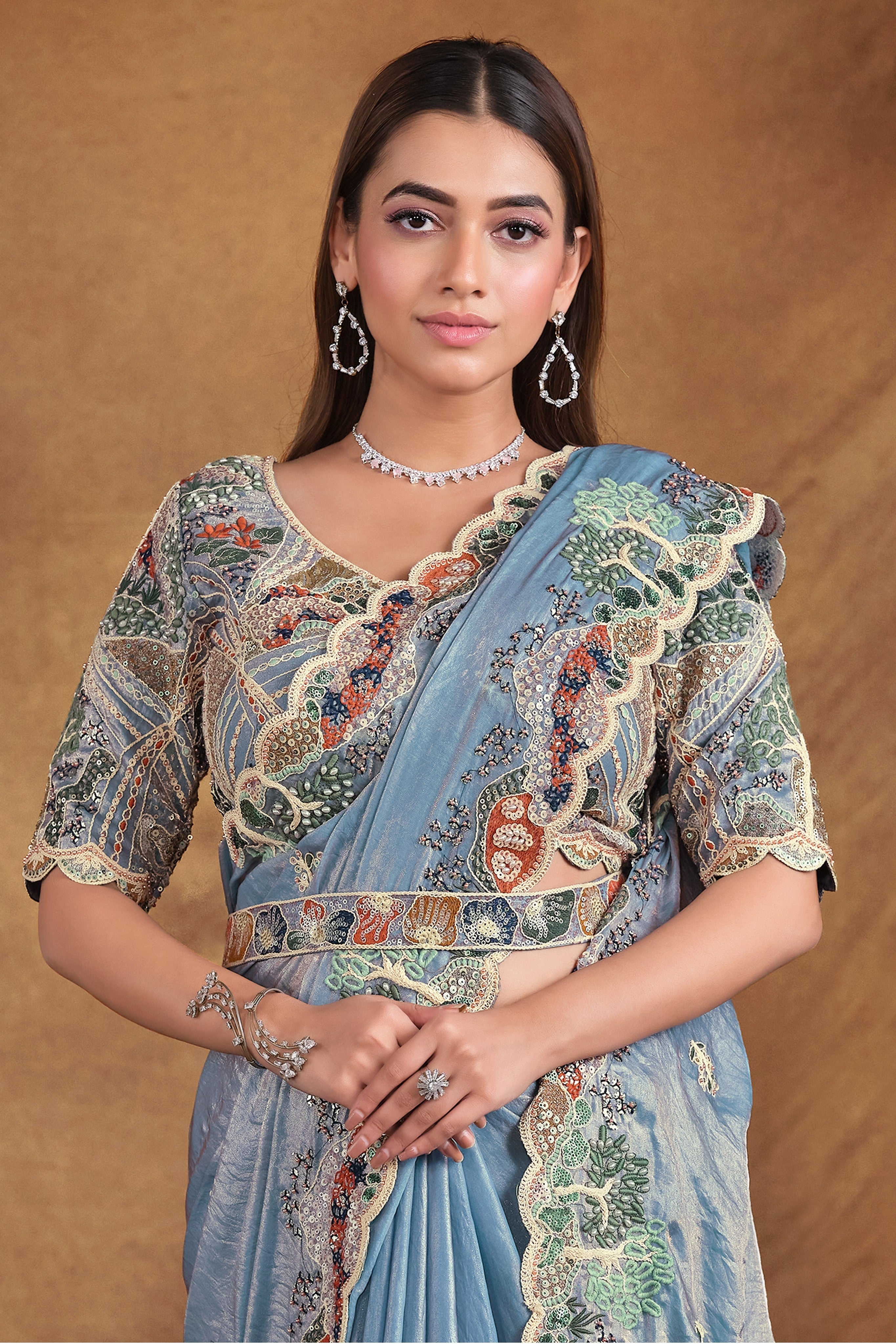 Classic Sky-blue Embellished Satin Silk Saree