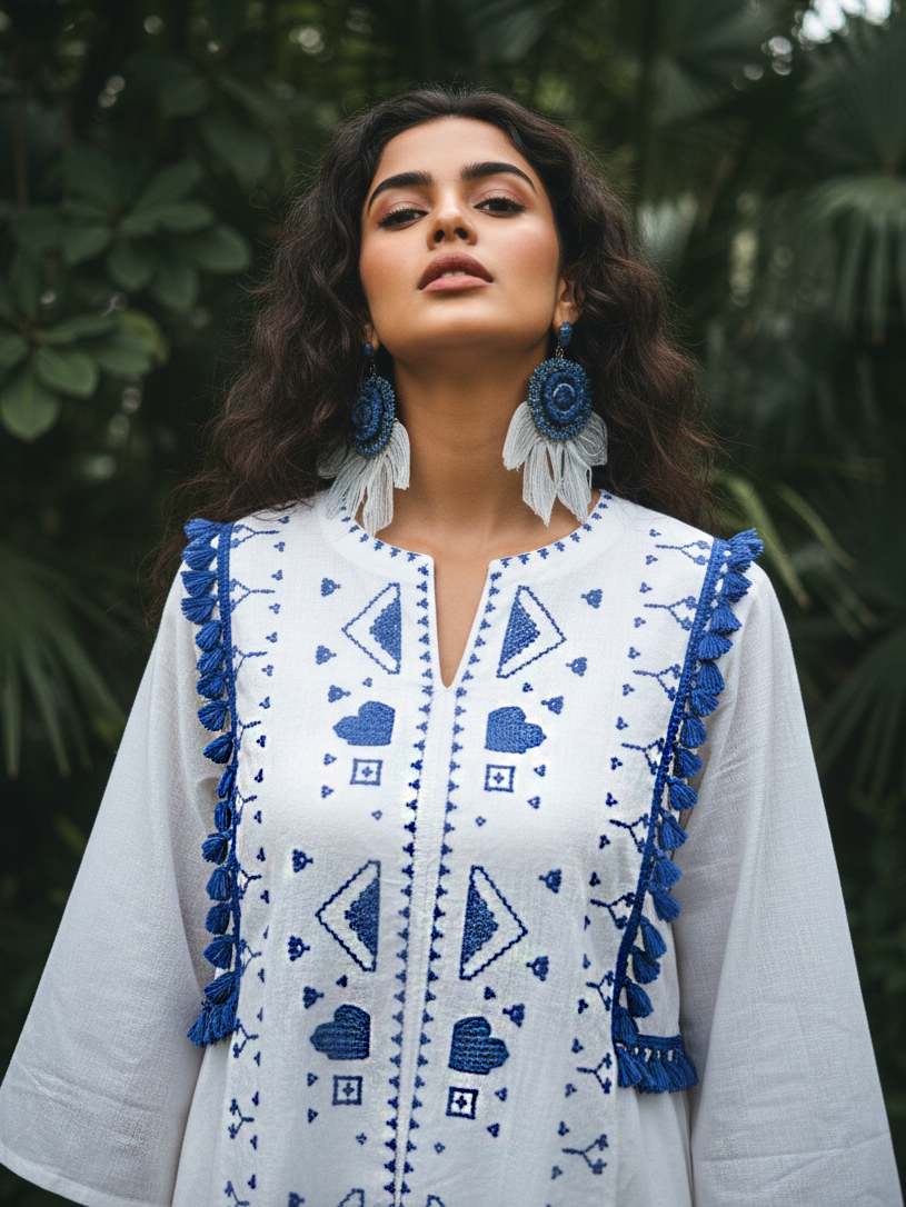 White & Blue Geometric Embroidered Cotton Co-Ord Set