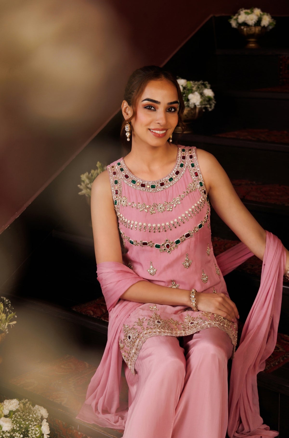Candy Pink Embellished Crepe Silk Palazzo Set