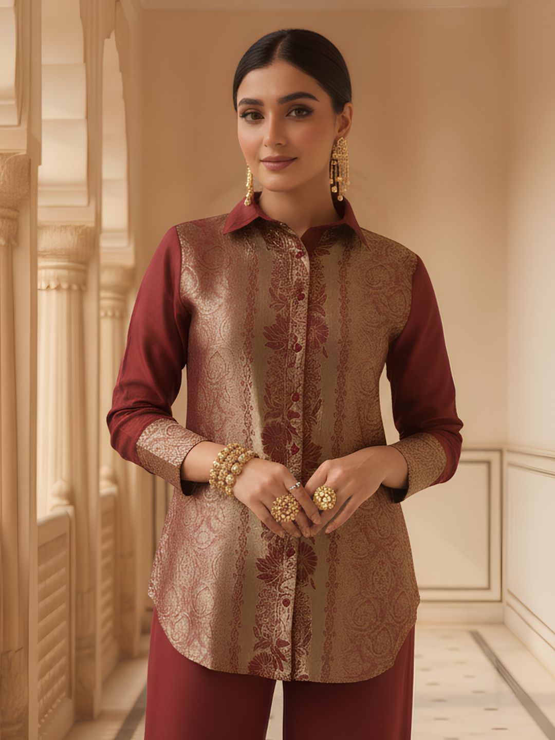 Deep Maroon Embroidered Banarasi Silk Co-Ord Set