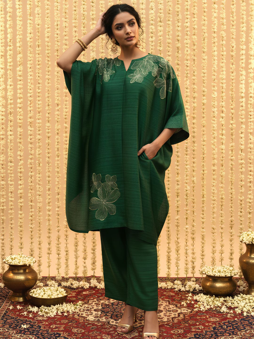Bottle Green Embroidered Premium Silk Kaftan Set