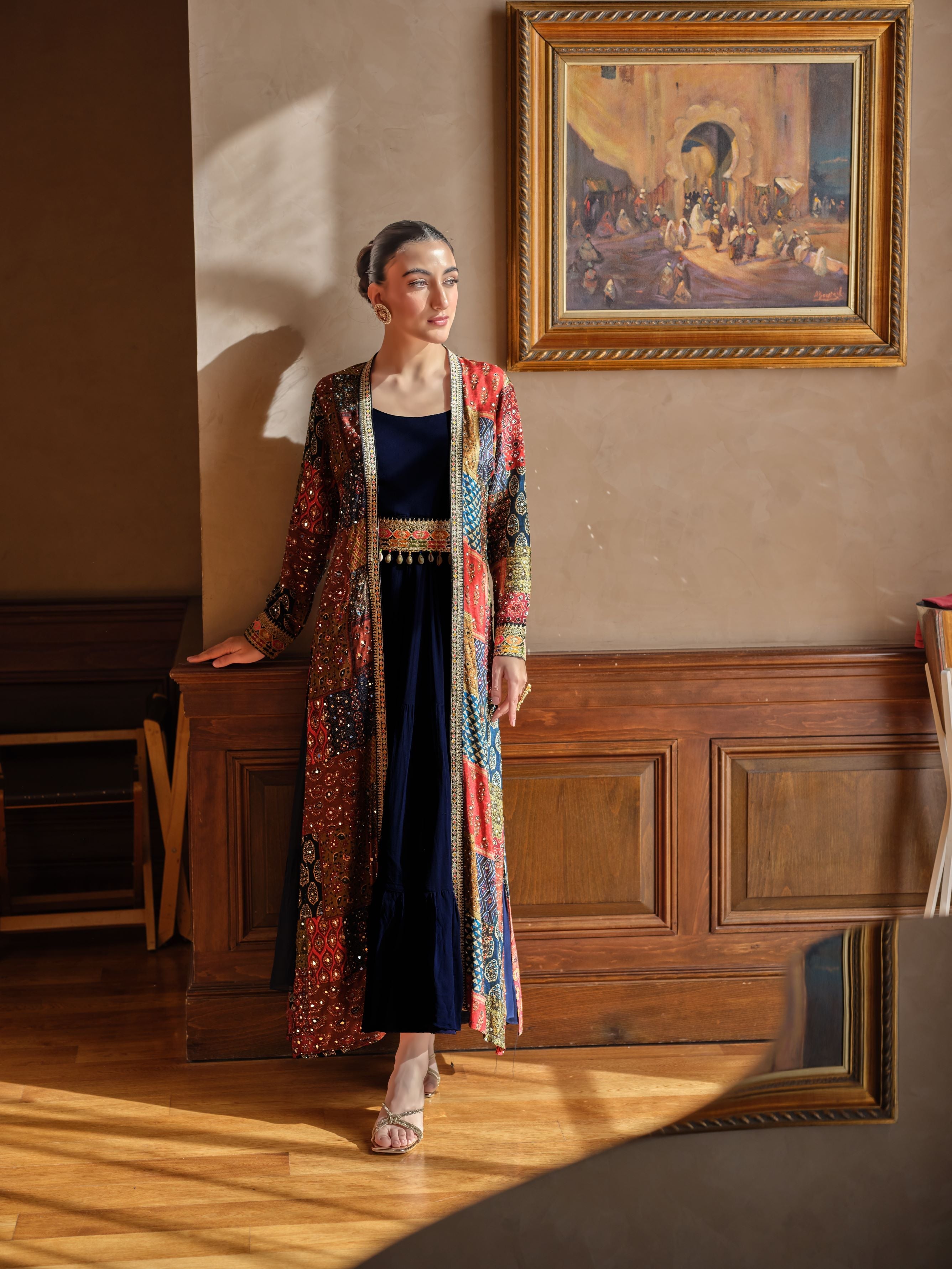 Deep Blue Traditional Printed Premium Silk Jacket Gown