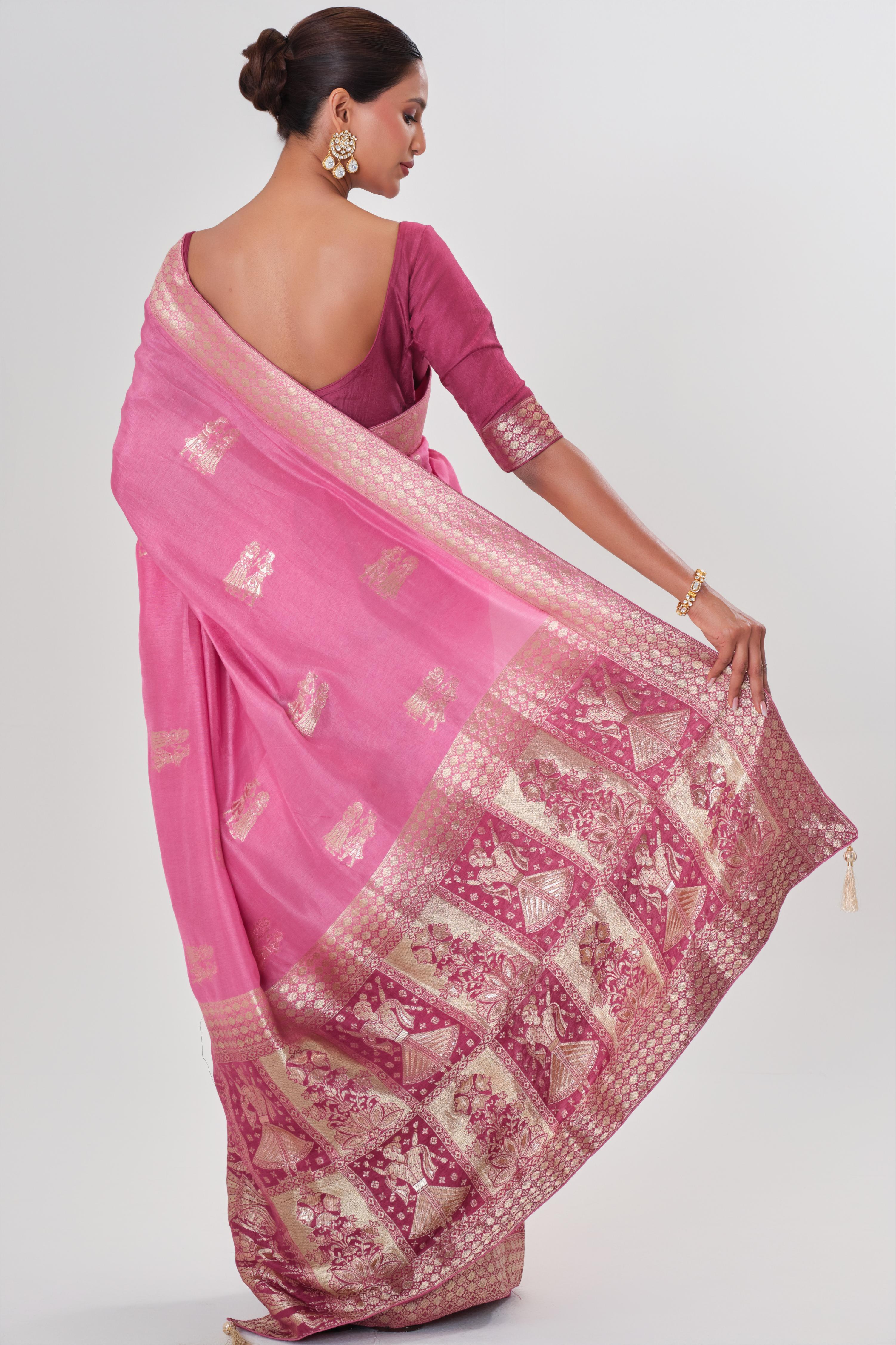 Pink Handwork Dola Silk Saree