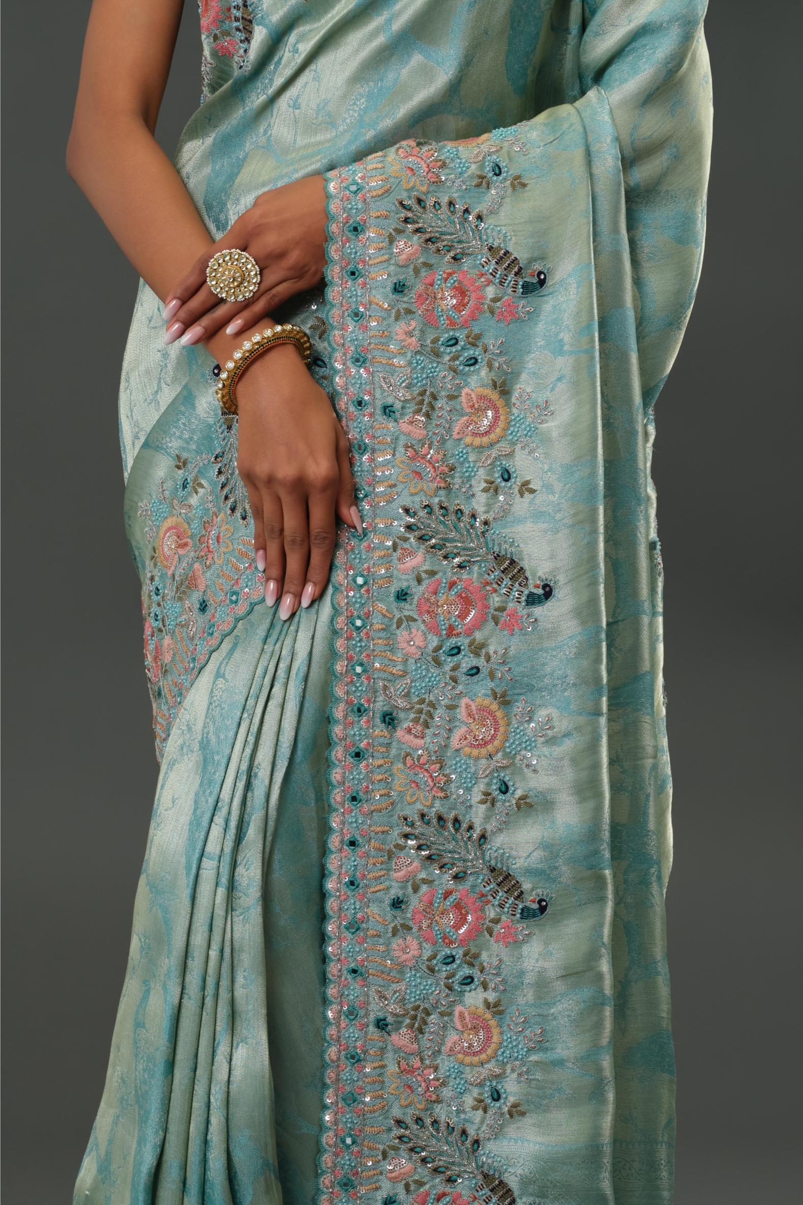 Blue Embroidered Tissue Silk Saree