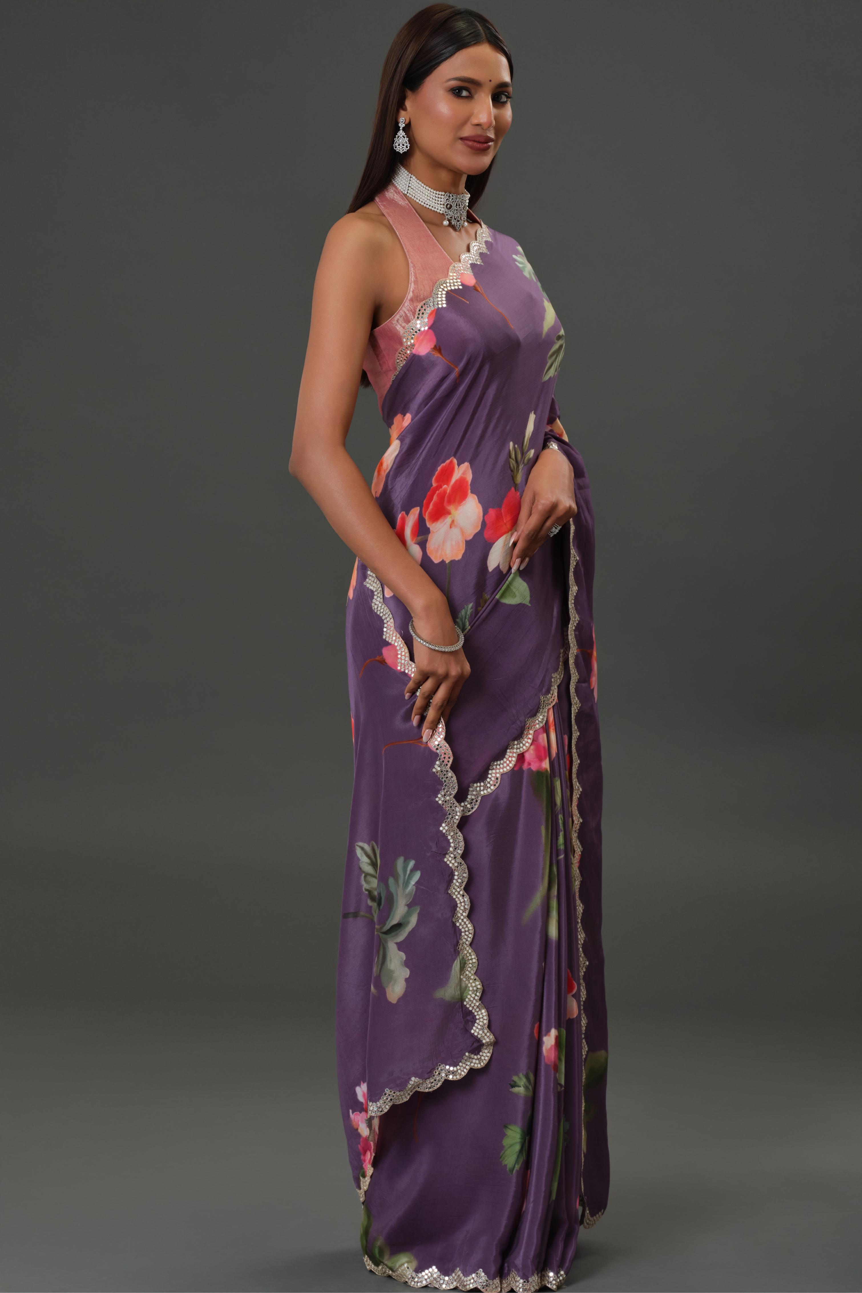 Purple Floral Printed Crepe Silk Saree