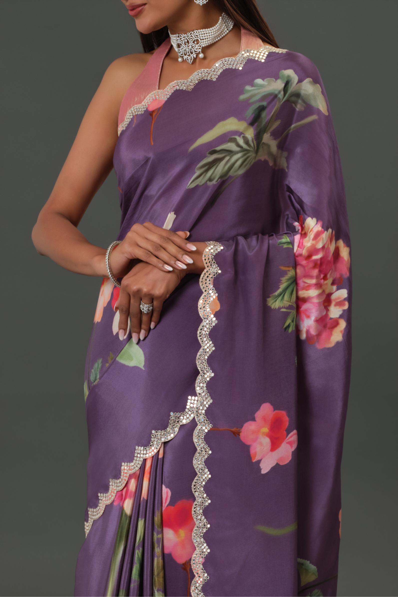 Purple Floral Printed Crepe Silk Saree