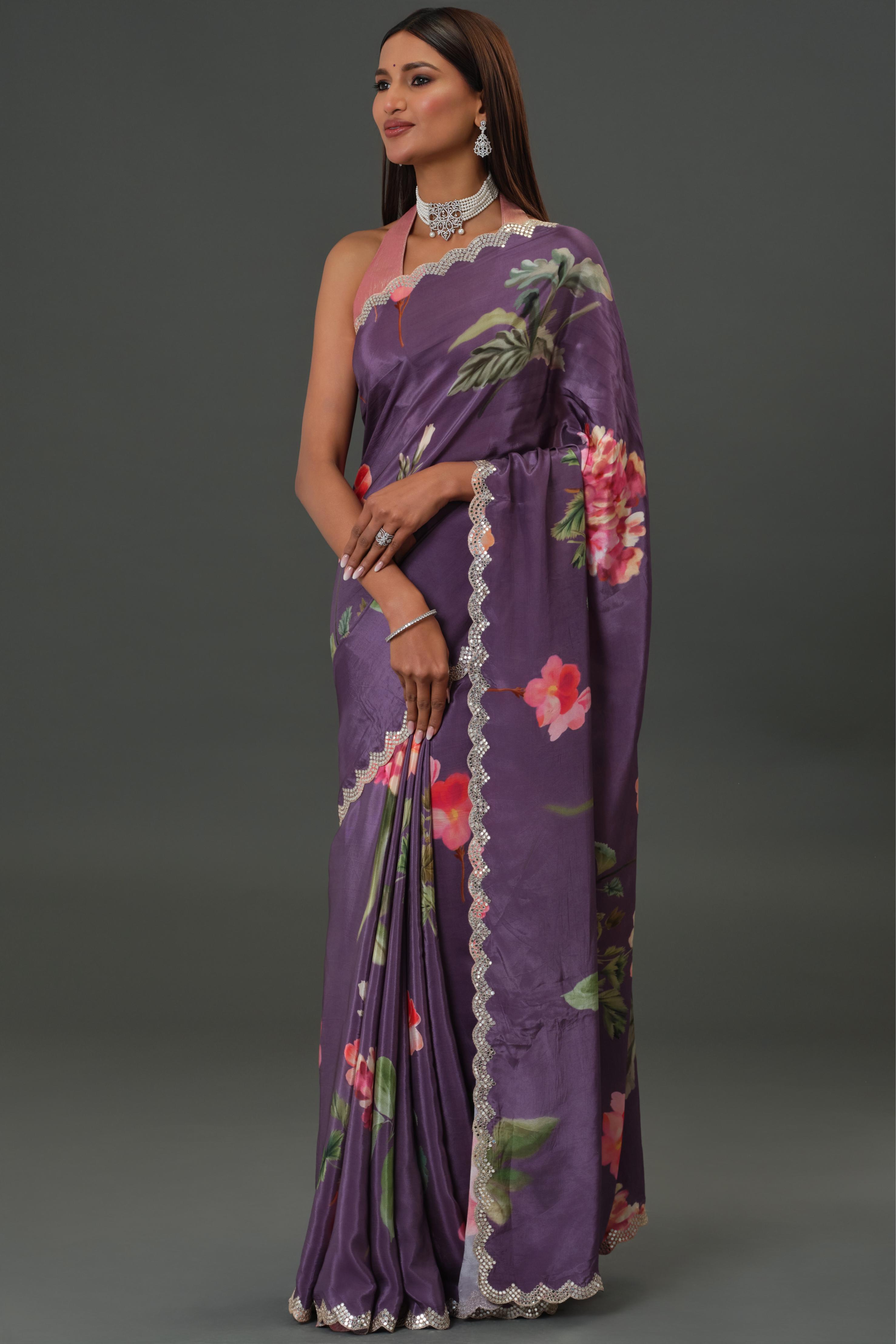 Purple Floral Printed Crepe Silk Saree